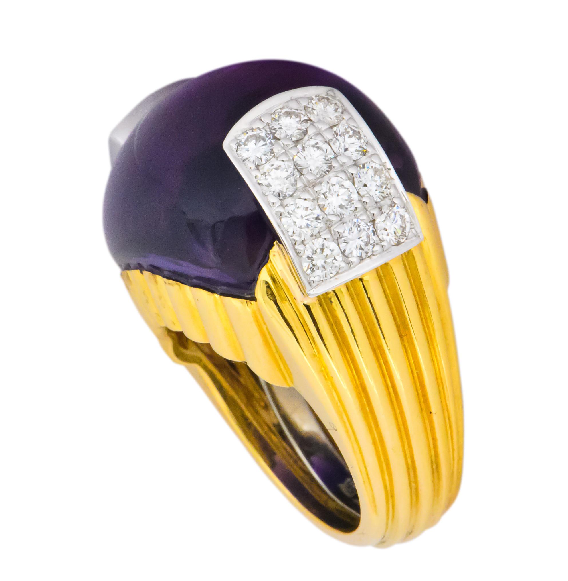 Women's or Men's Large David Webb Diamond Amethyst Platinum 18 Karat Gold Cocktail Ring