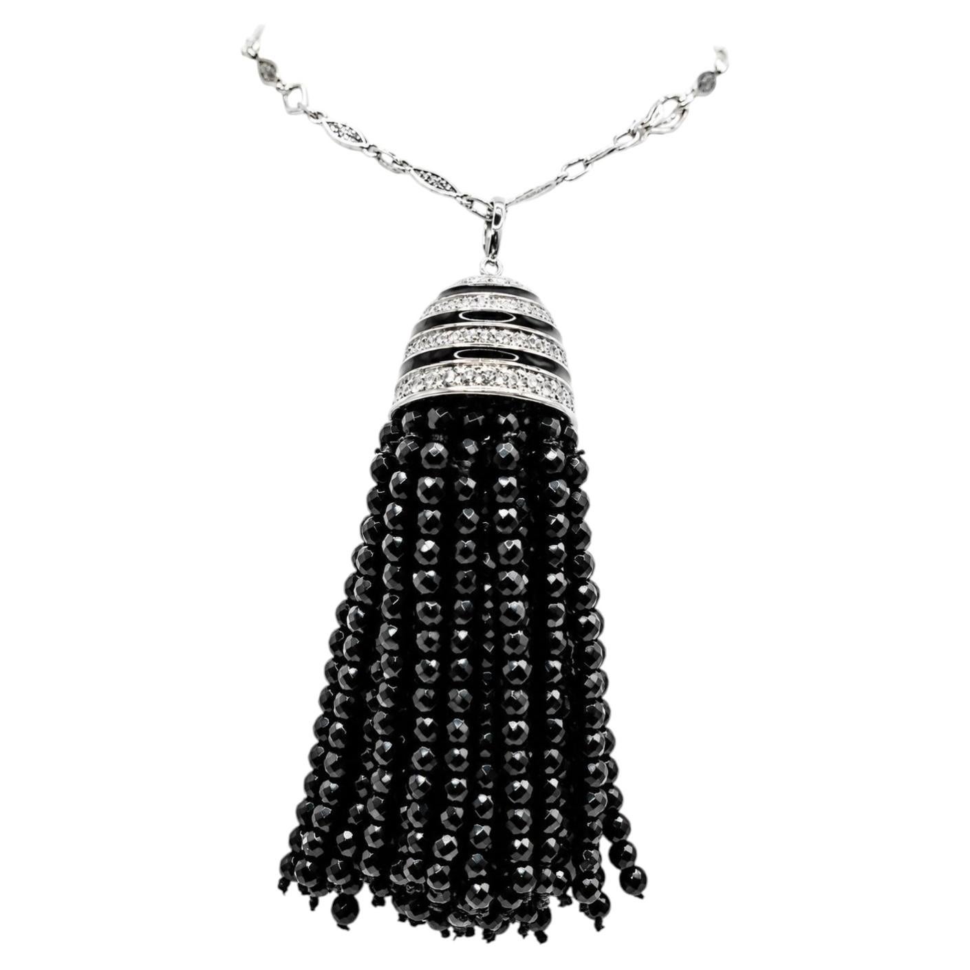 Large Deco 4.00 Cts Diamond and Black Onyx Tassel Pendant For Sale