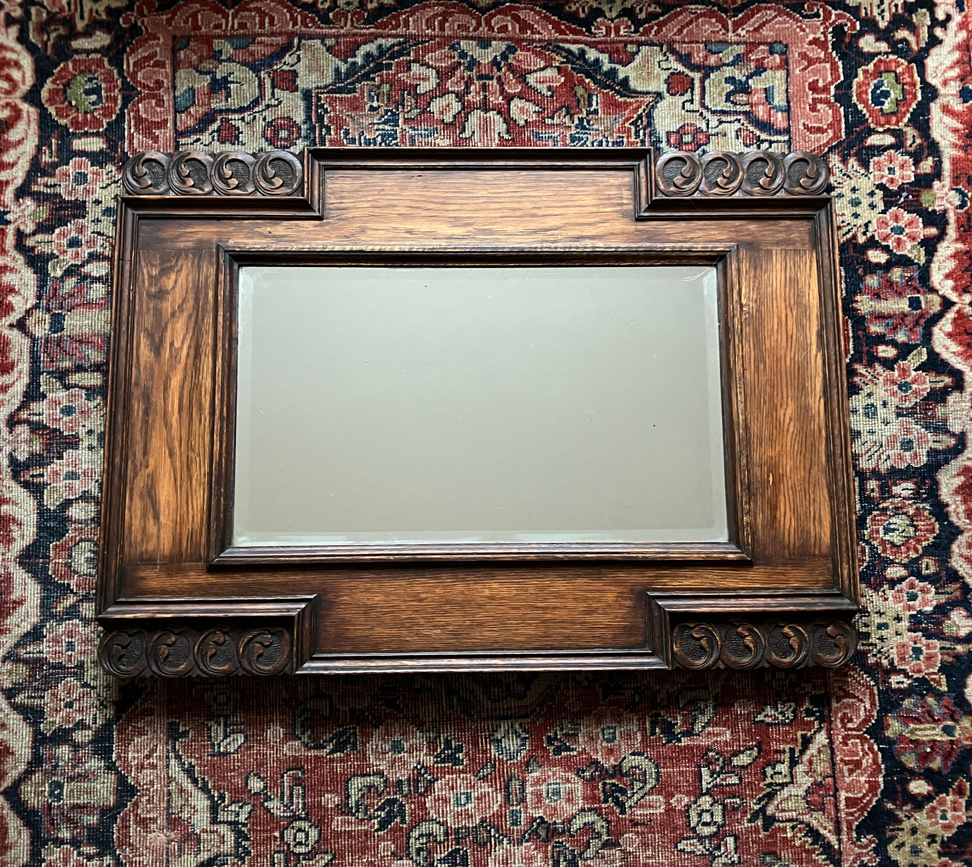 Art Nouveau Large Decorative English Oak Framed Art & Crafts Mantel Mirror Late 19th Century For Sale