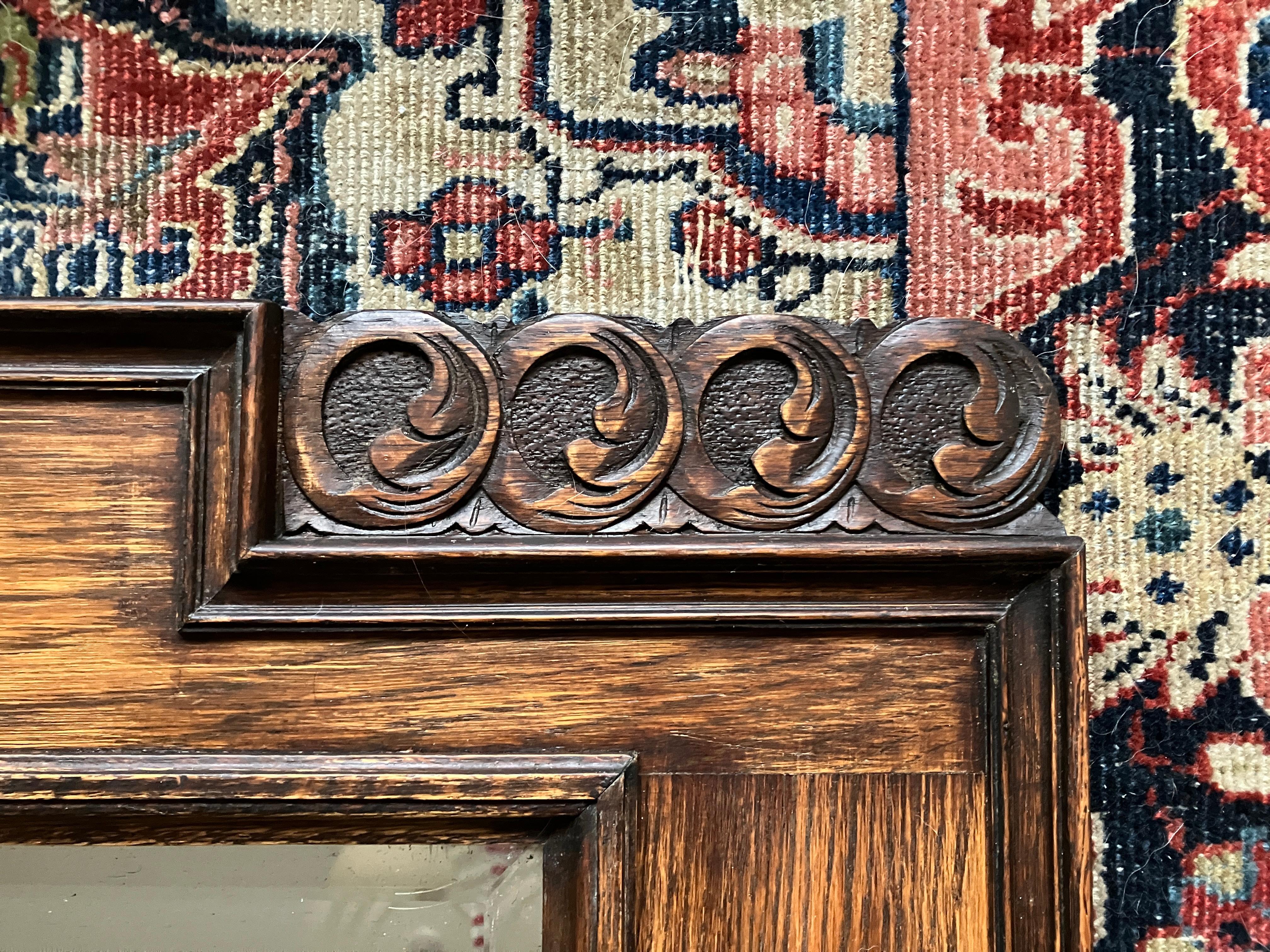Hand-Carved Large Decorative English Oak Framed Art & Crafts Mantel Mirror Late 19th Century For Sale