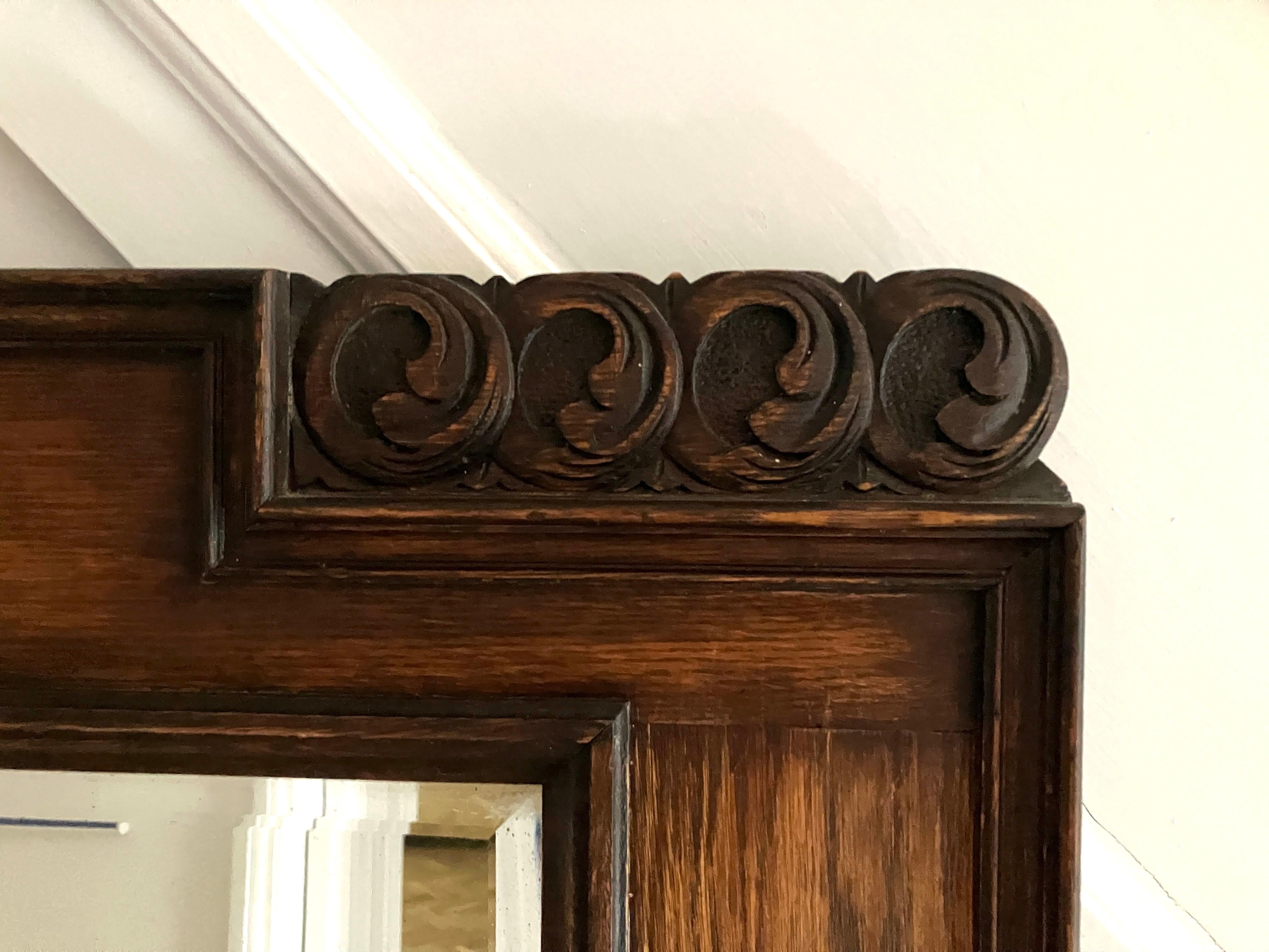 Large Decorative English Oak Framed Art & Crafts Mantel Mirror Late 19th Century In Good Condition For Sale In Leicester, GB