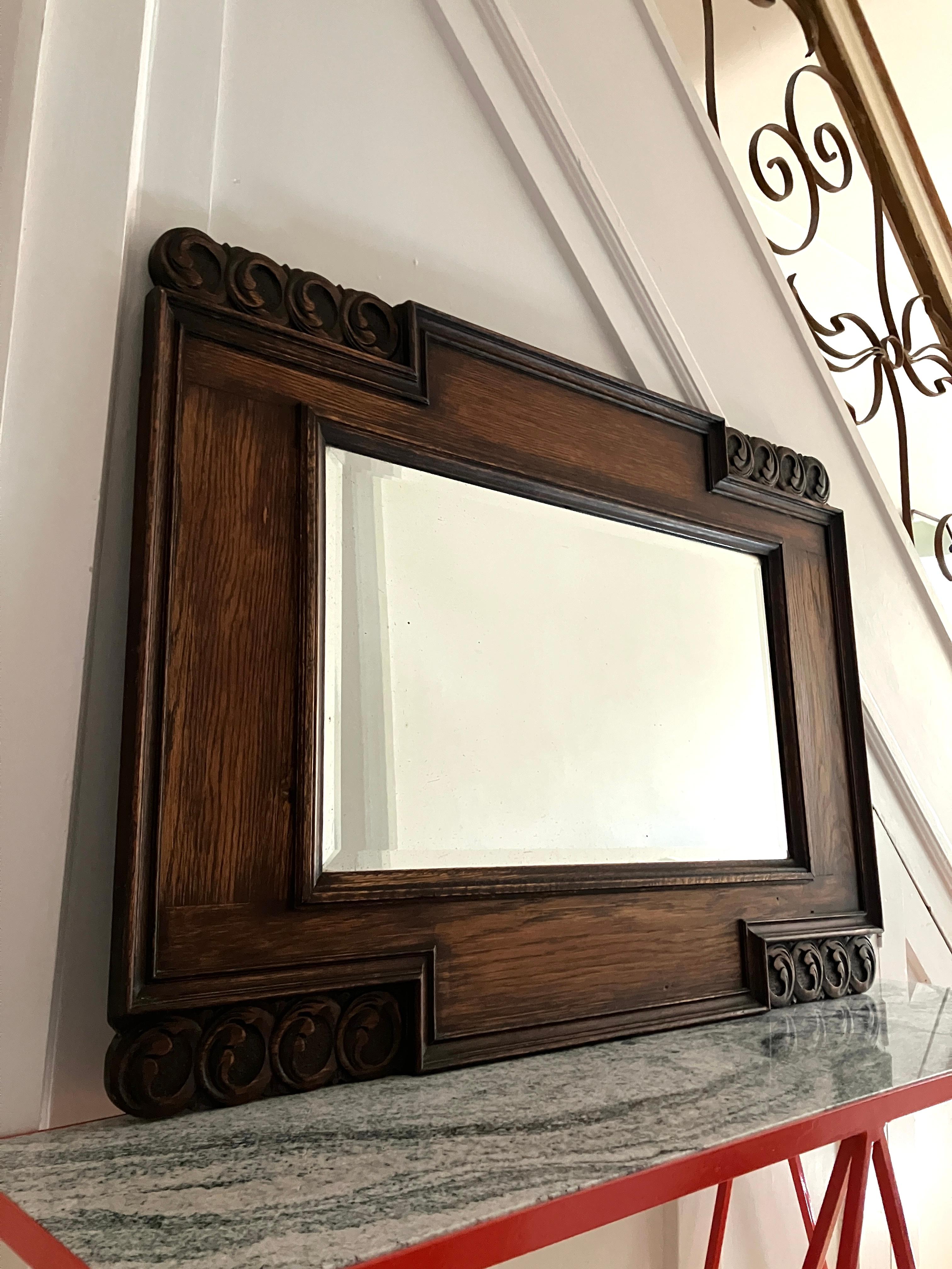 Large Decorative English Oak Framed Art & Crafts Mantel Mirror Late 19th Century For Sale 3