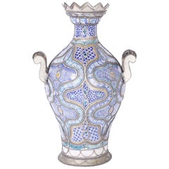 Large Decorated and Glazed Terracotta and Metal Moroccan Urn