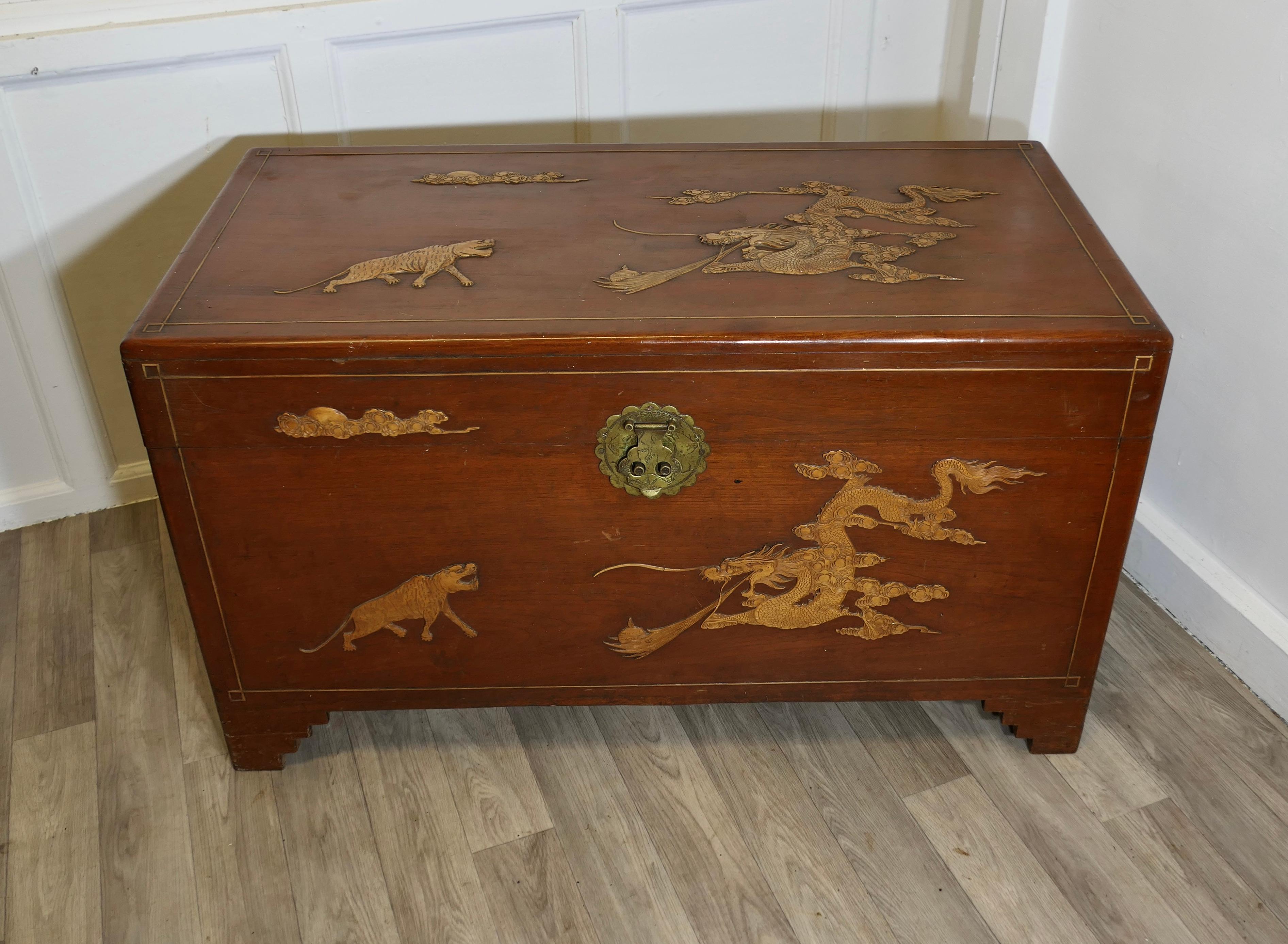 Japonisme Large Decorated Camphor Wood Blanket Chest