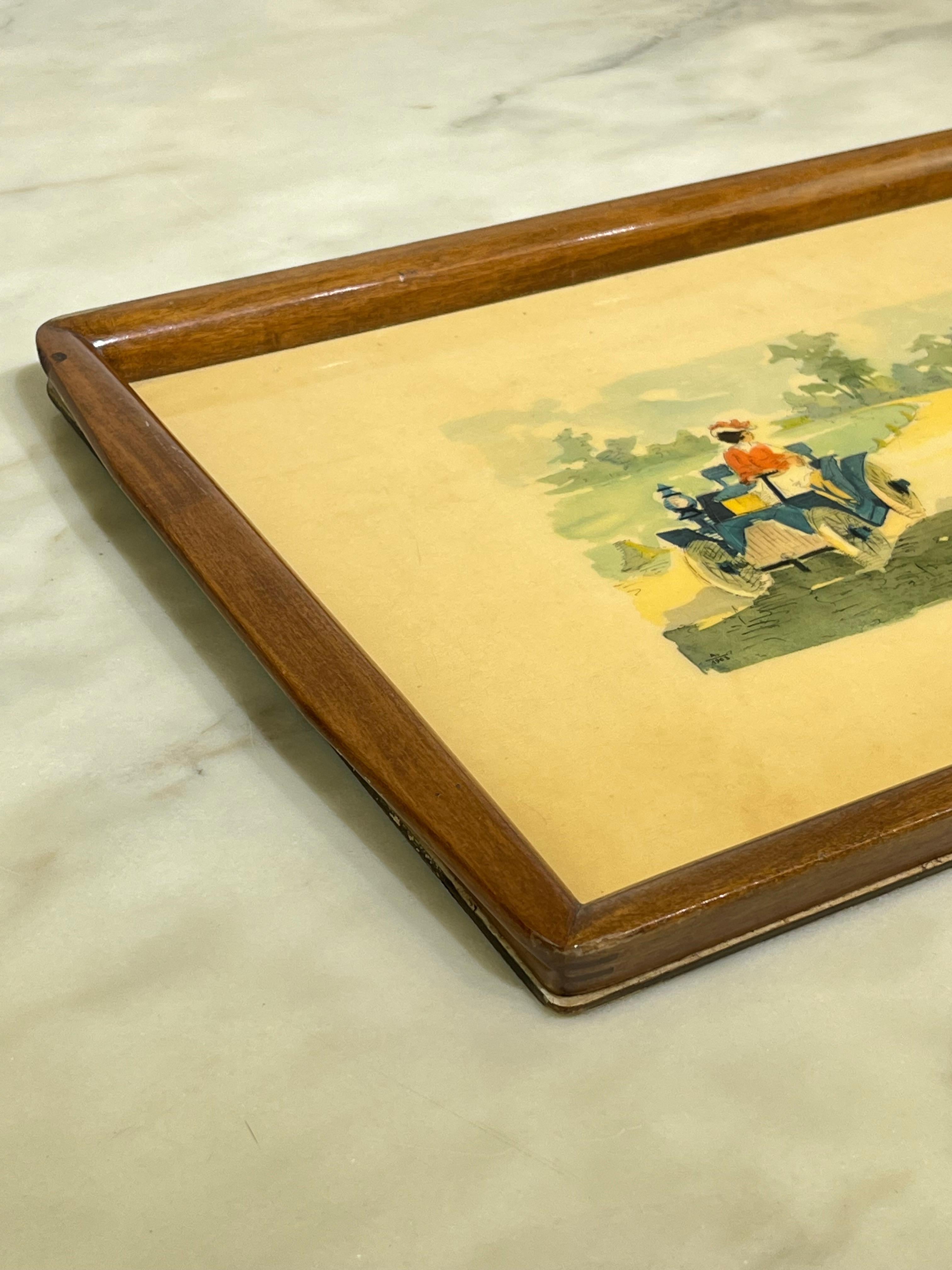 Large Decorated Tray, beech and formica wood, Italy, 1950s In Good Condition For Sale In Palermo, IT