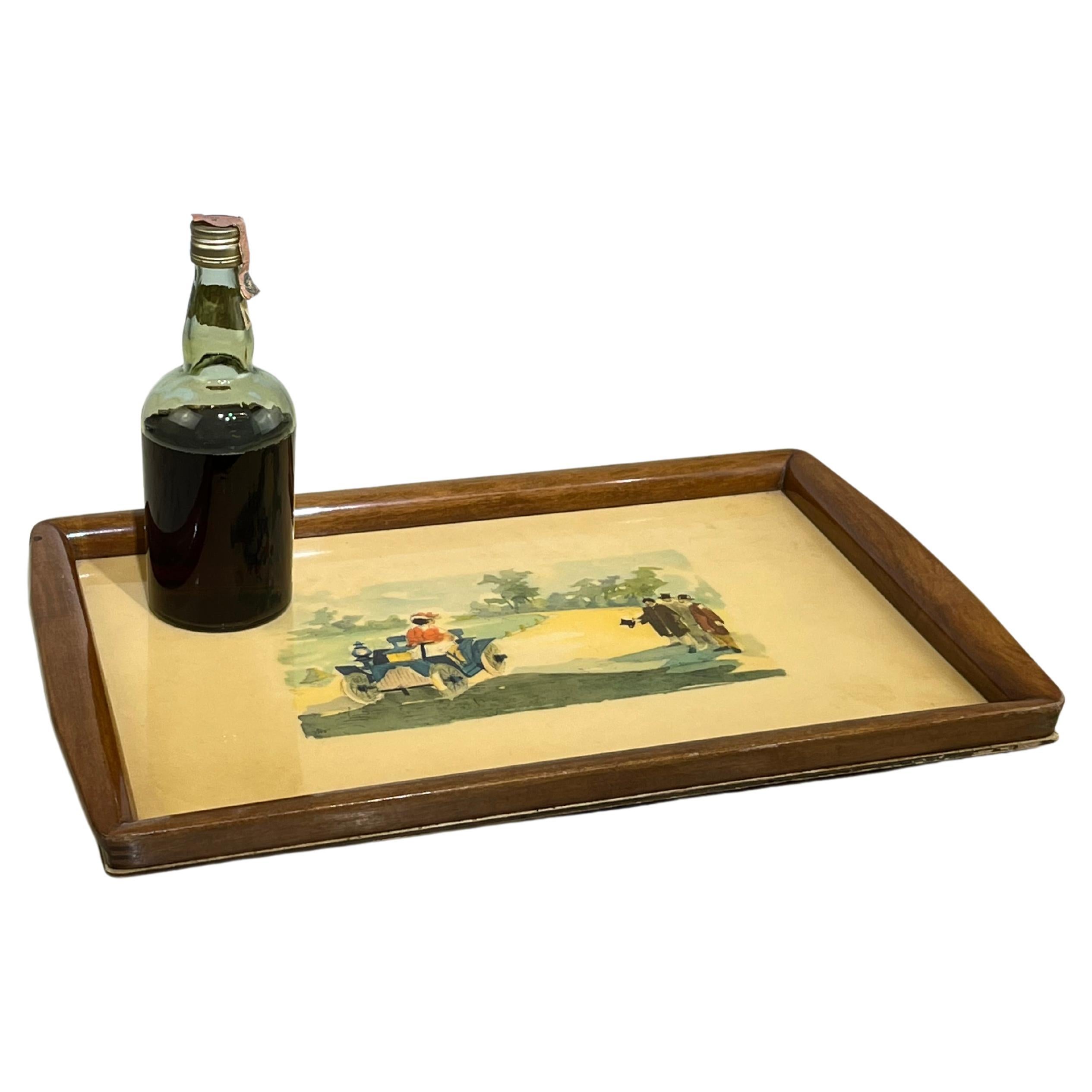 Large Decorated Tray, beech and formica wood, Italy, 1950s For Sale
