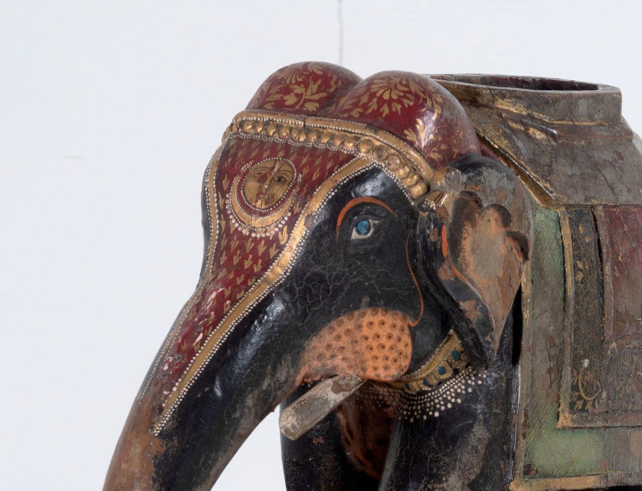 Anglo-Indian Large Antique 19th Century Carved Indian Elephant Painted Caparision Ornament