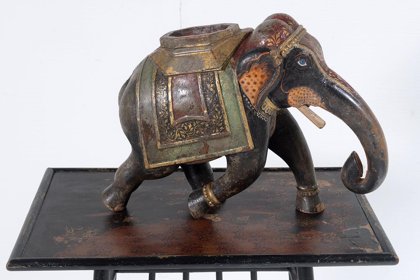 Hand-Carved Large Antique 19th Century Carved Indian Elephant Painted Caparision Ornament
