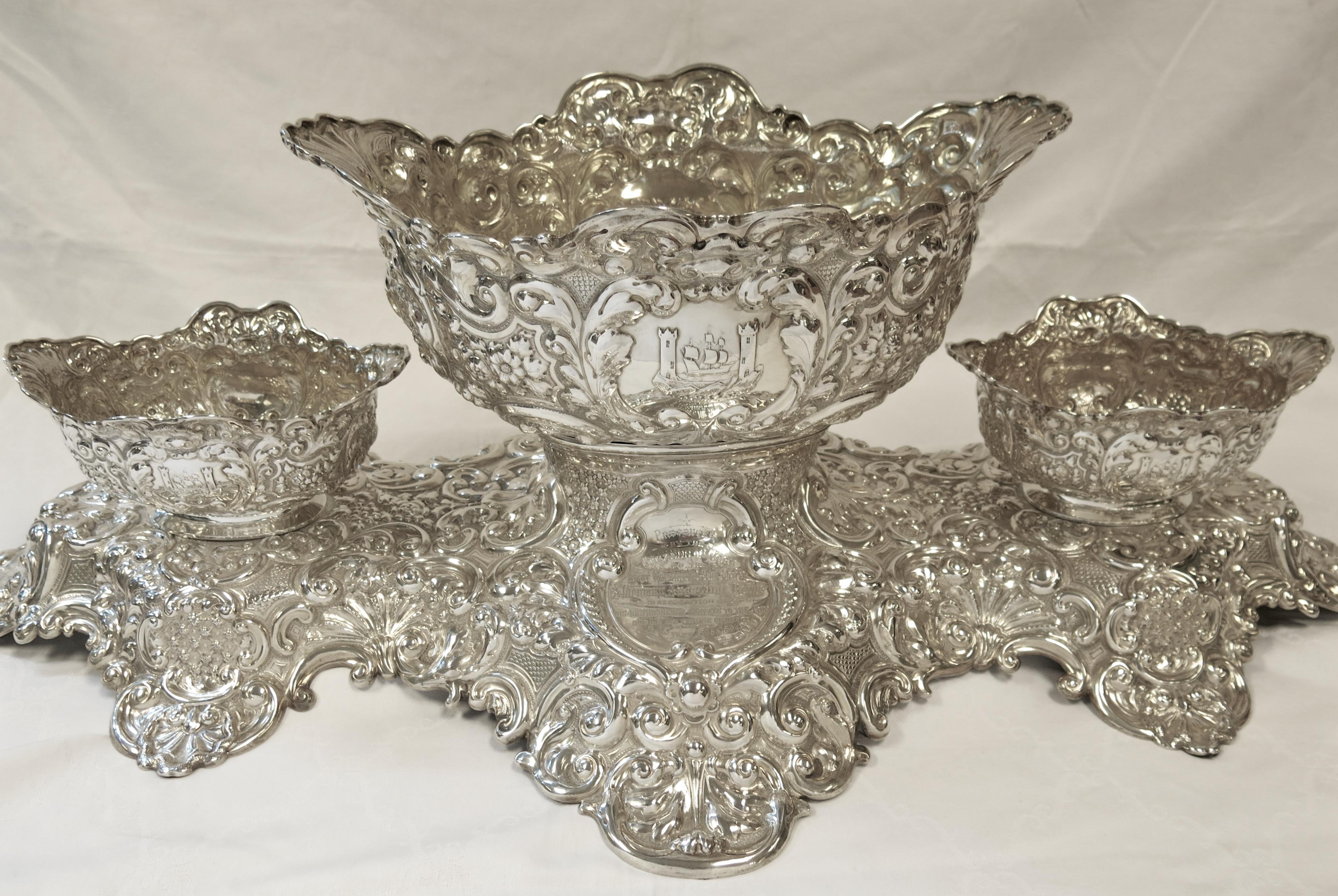 Late Victorian Large and Decorative Antique English Sterling Silver Centerpiece, Irish Interest