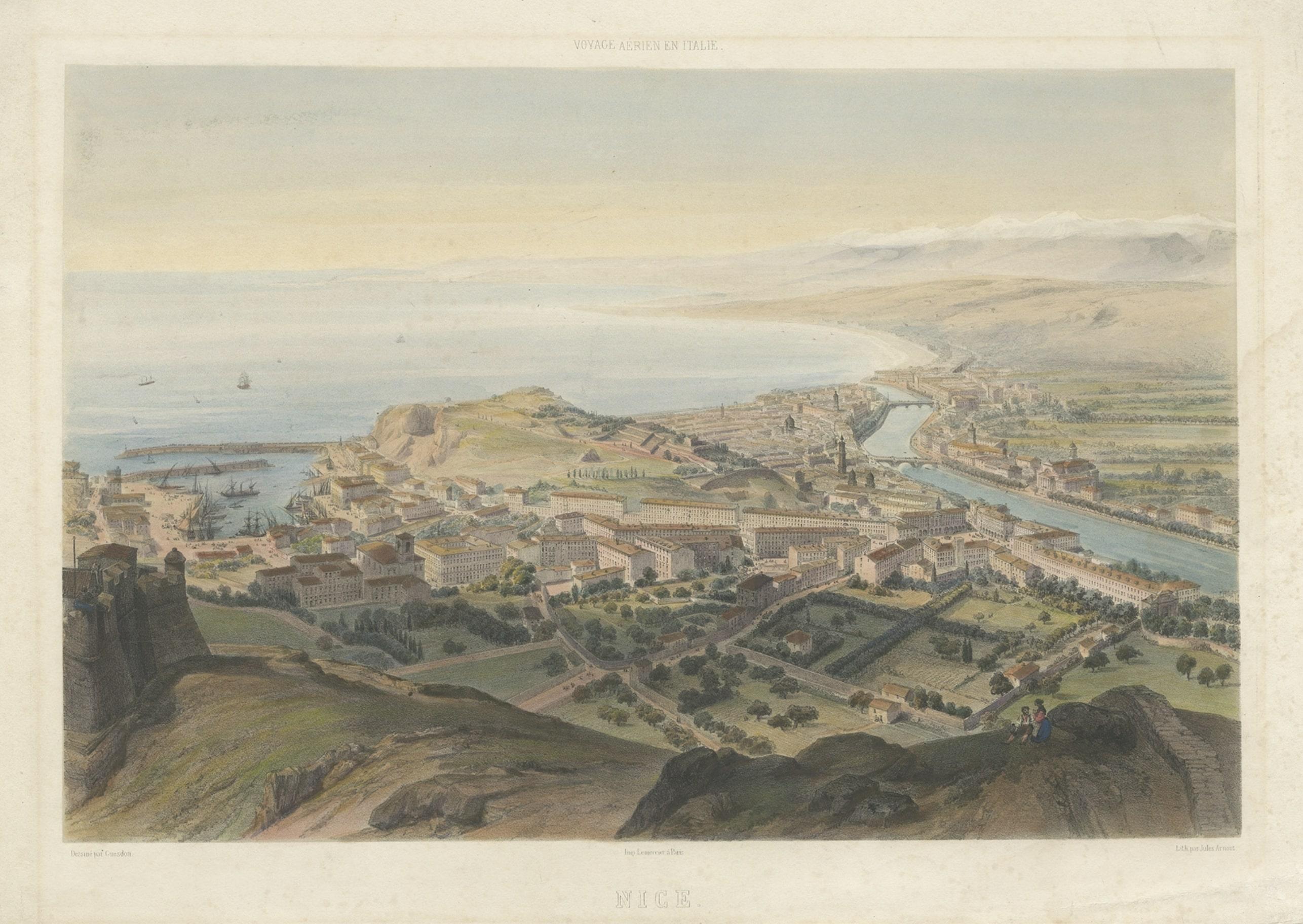 Paper Large Decorative Antique Print with a View of Nice in Southern France, c.1850 For Sale