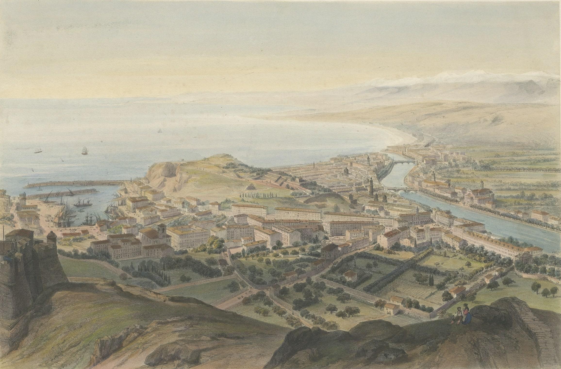 Large Decorative Antique Print with a View of Nice in Southern France, c.1850 For Sale
