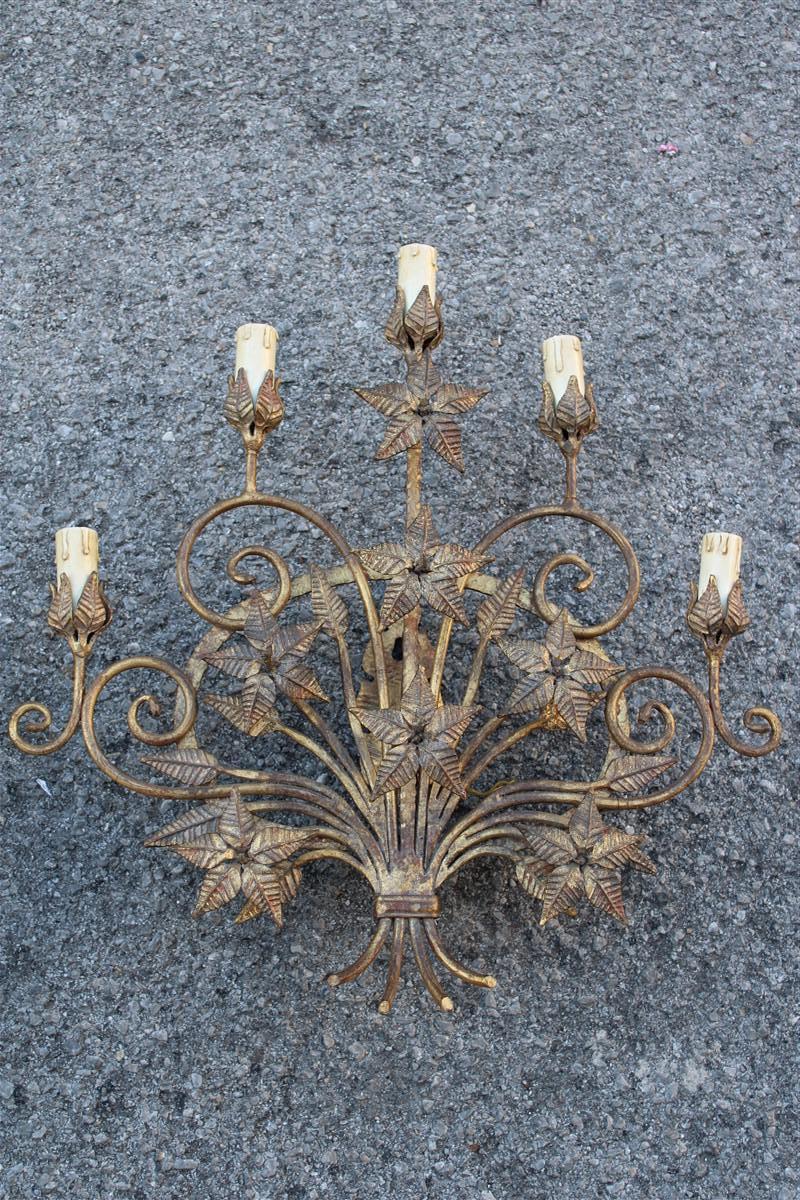Mid-Century Modern Large Decorative Applique Iron Forged by Hand  Italian Flowers Leaves Gold For Sale