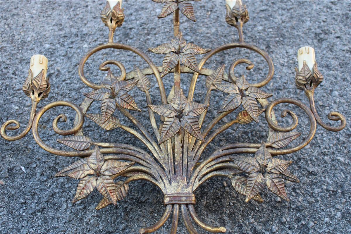 Large Decorative Applique Iron Forged by Hand  Italian Flowers Leaves Gold For Sale 2