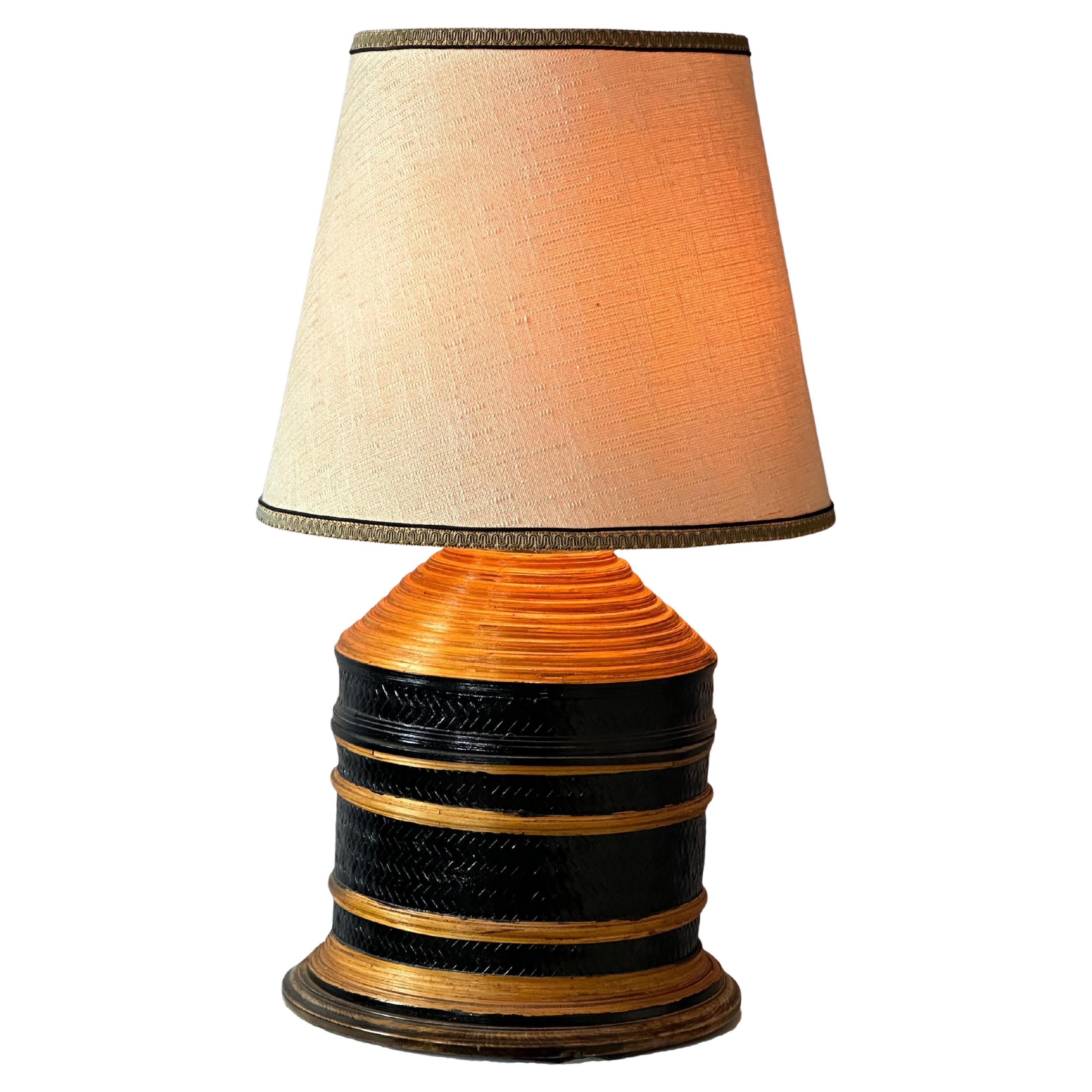  Large Decorative Blonde and Black Color Cane Table Lamp For Sale