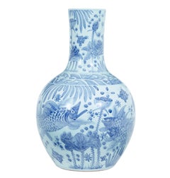 Large Decorative Blue and White Ceramic Chinese Vase