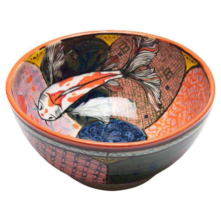 Large Decorative Bowl with Koi Fish in Glazed Ceramic by Roberto Lugo