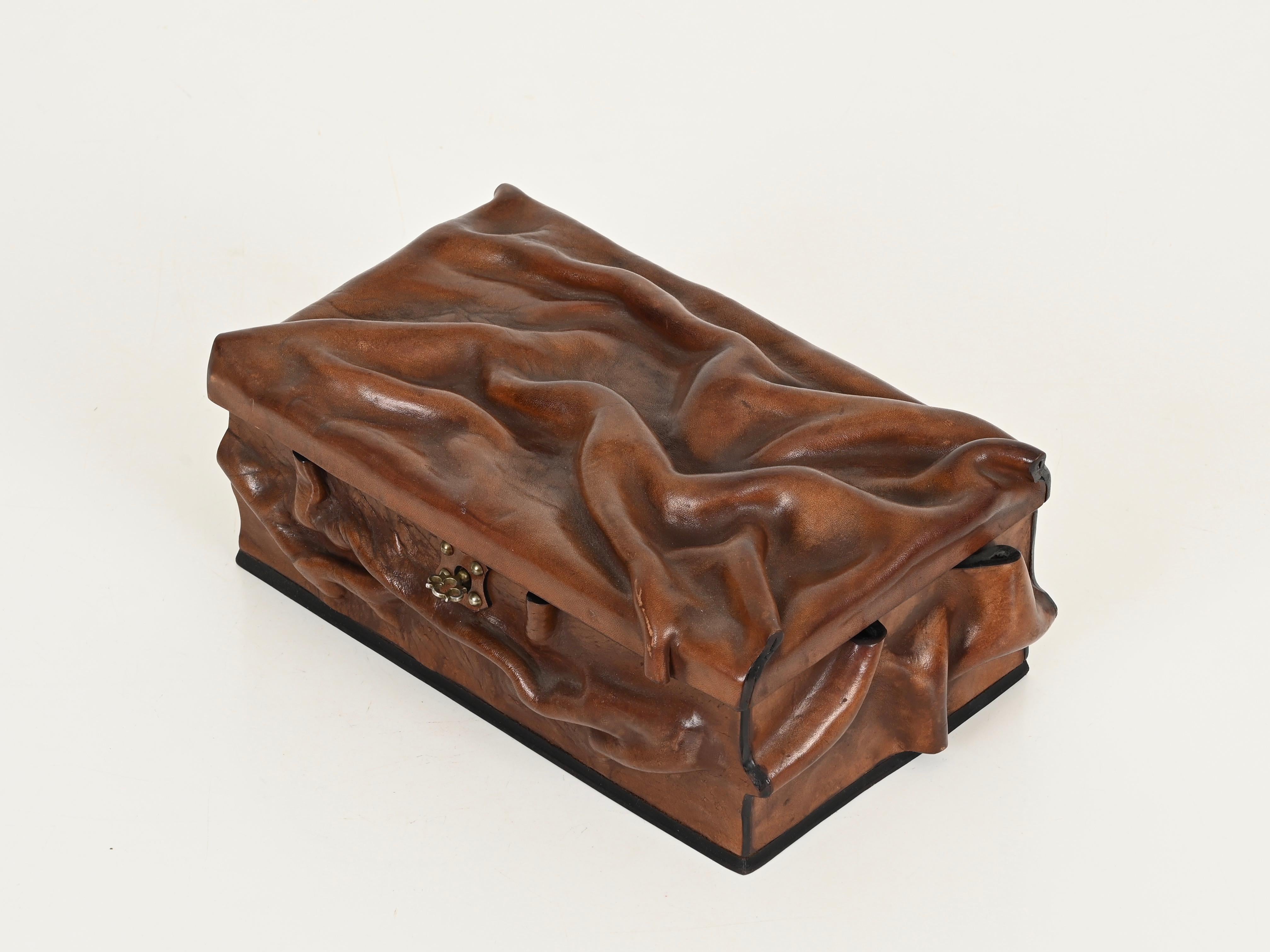 Large Decorative Box in Draped Leather and Brass, Adnet Style, Italy 1960s For Sale 3