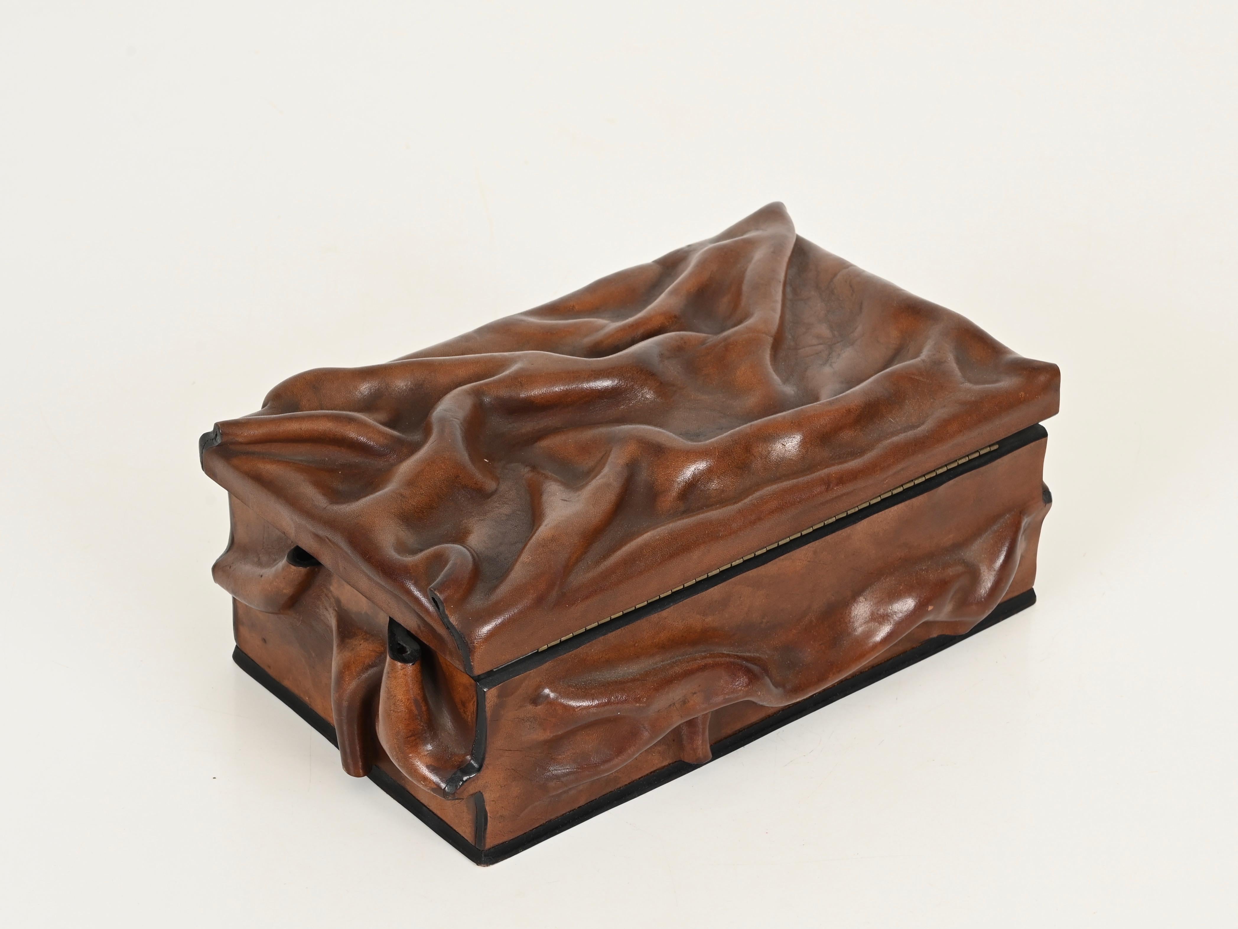 Large Decorative Box in Draped Leather and Brass, Adnet Style, Italy 1960s For Sale 4