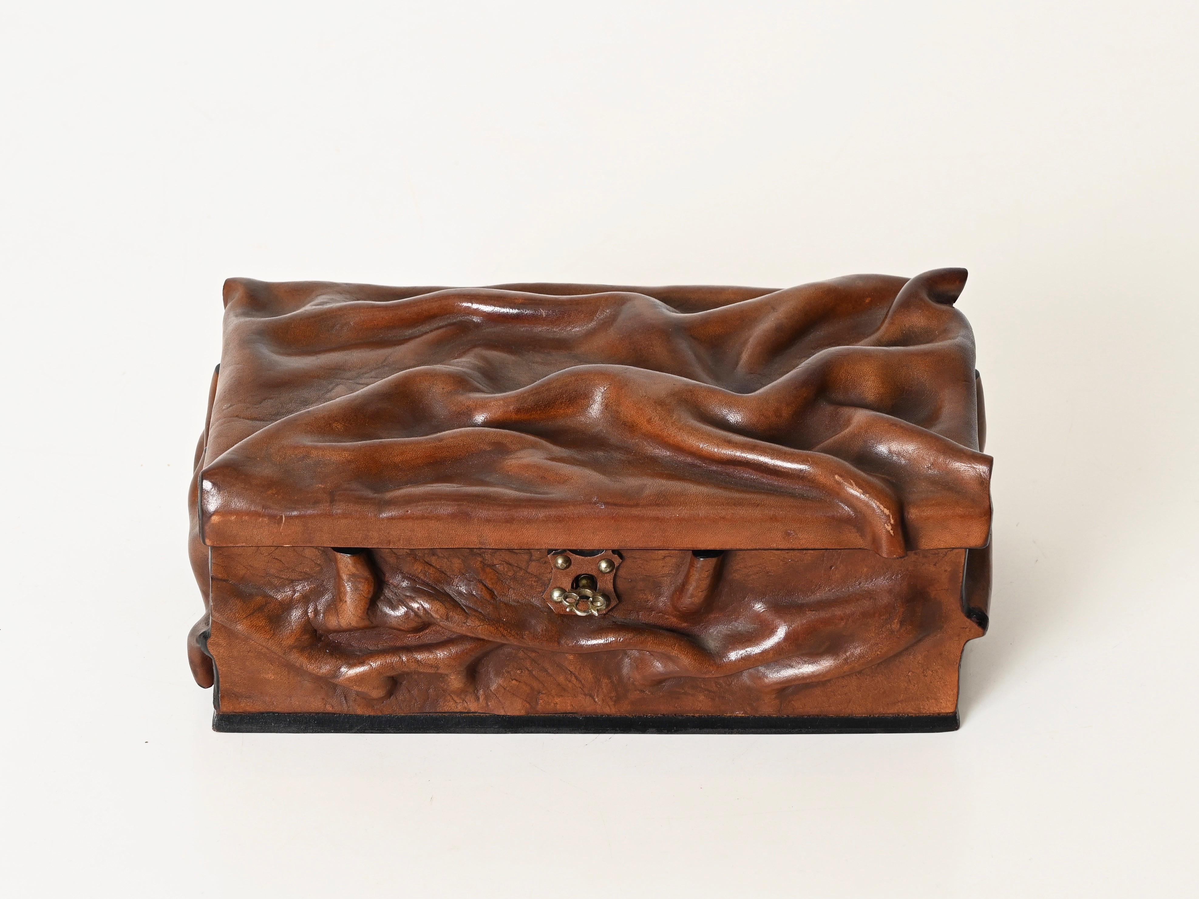 Large Decorative Box in Draped Leather and Brass, Adnet Style, Italy 1960s For Sale 5