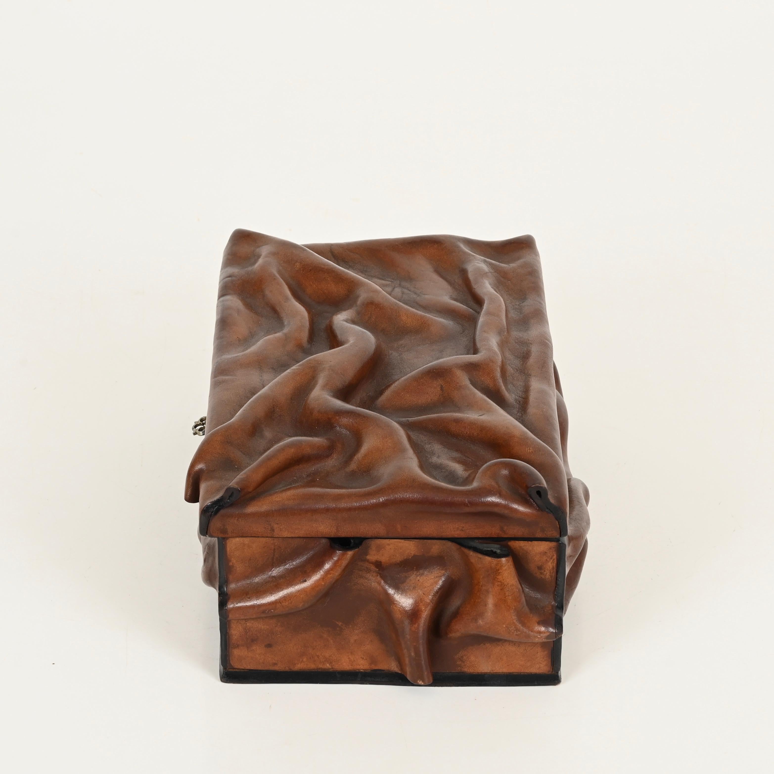 Large Decorative Box in Draped Leather and Brass, Adnet Style, Italy 1960s For Sale 6