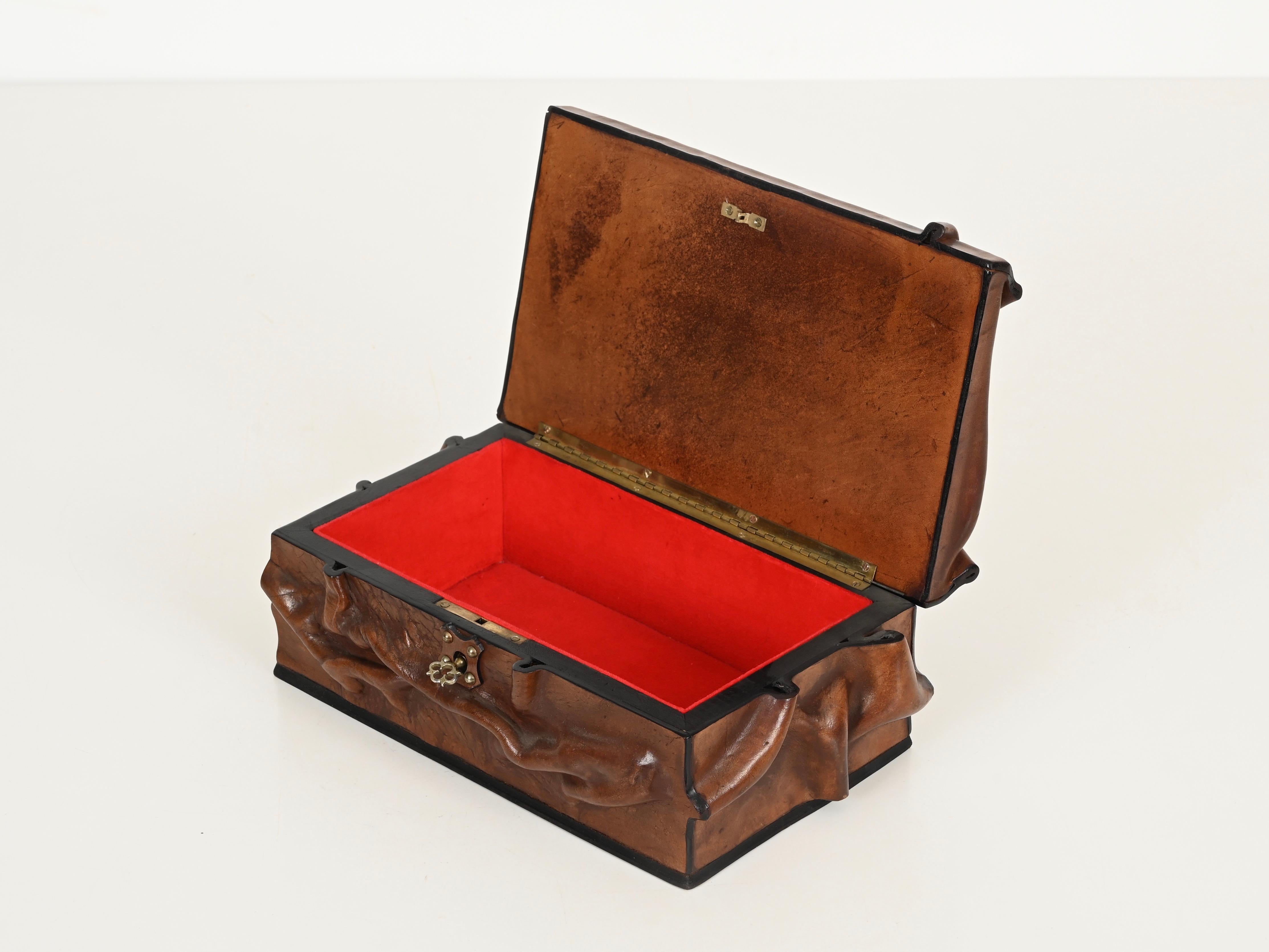 Large Decorative Box in Draped Leather and Brass, Adnet Style, Italy 1960s For Sale 7