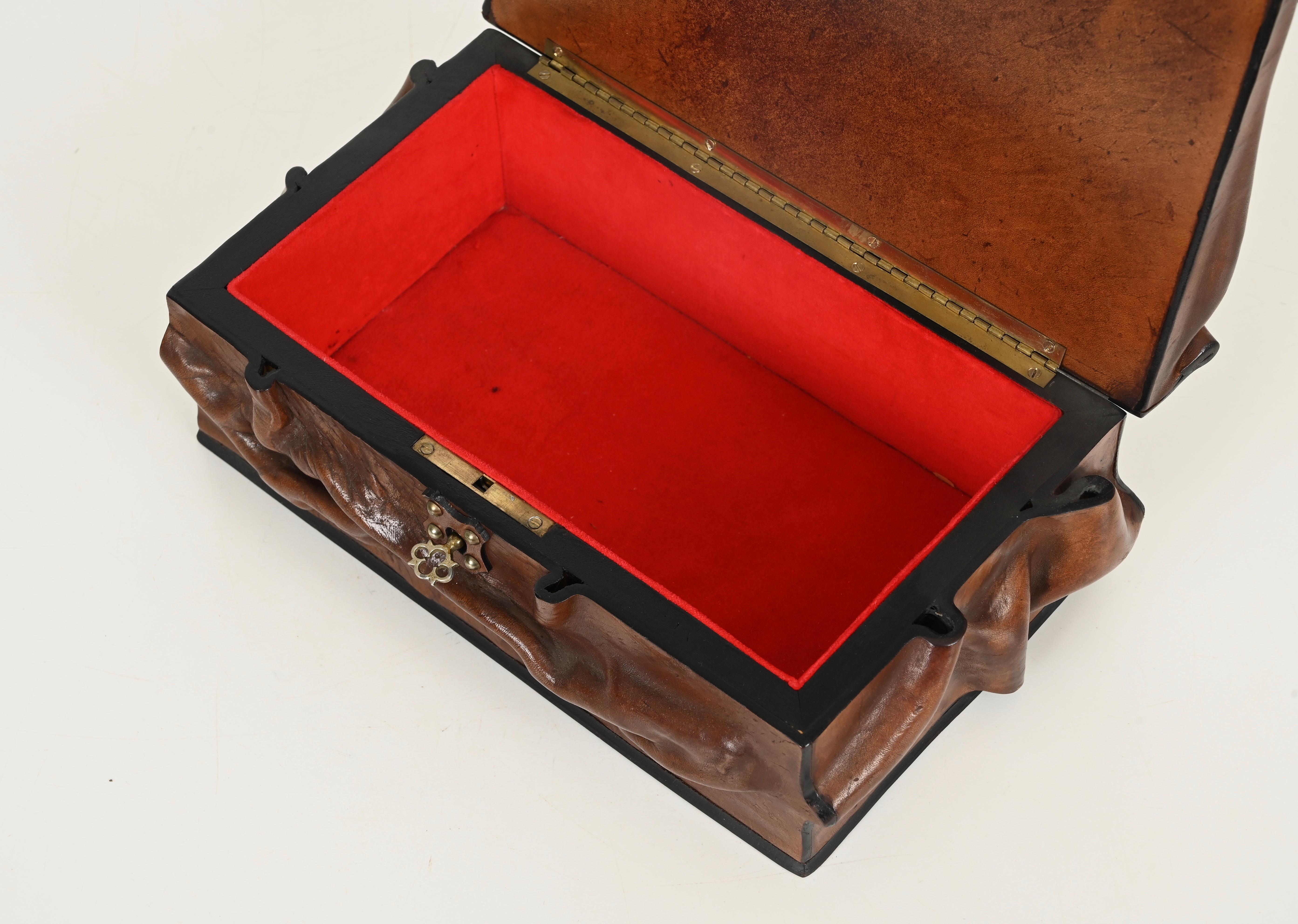 Large Decorative Box in Draped Leather and Brass, Adnet Style, Italy 1960s For Sale 8