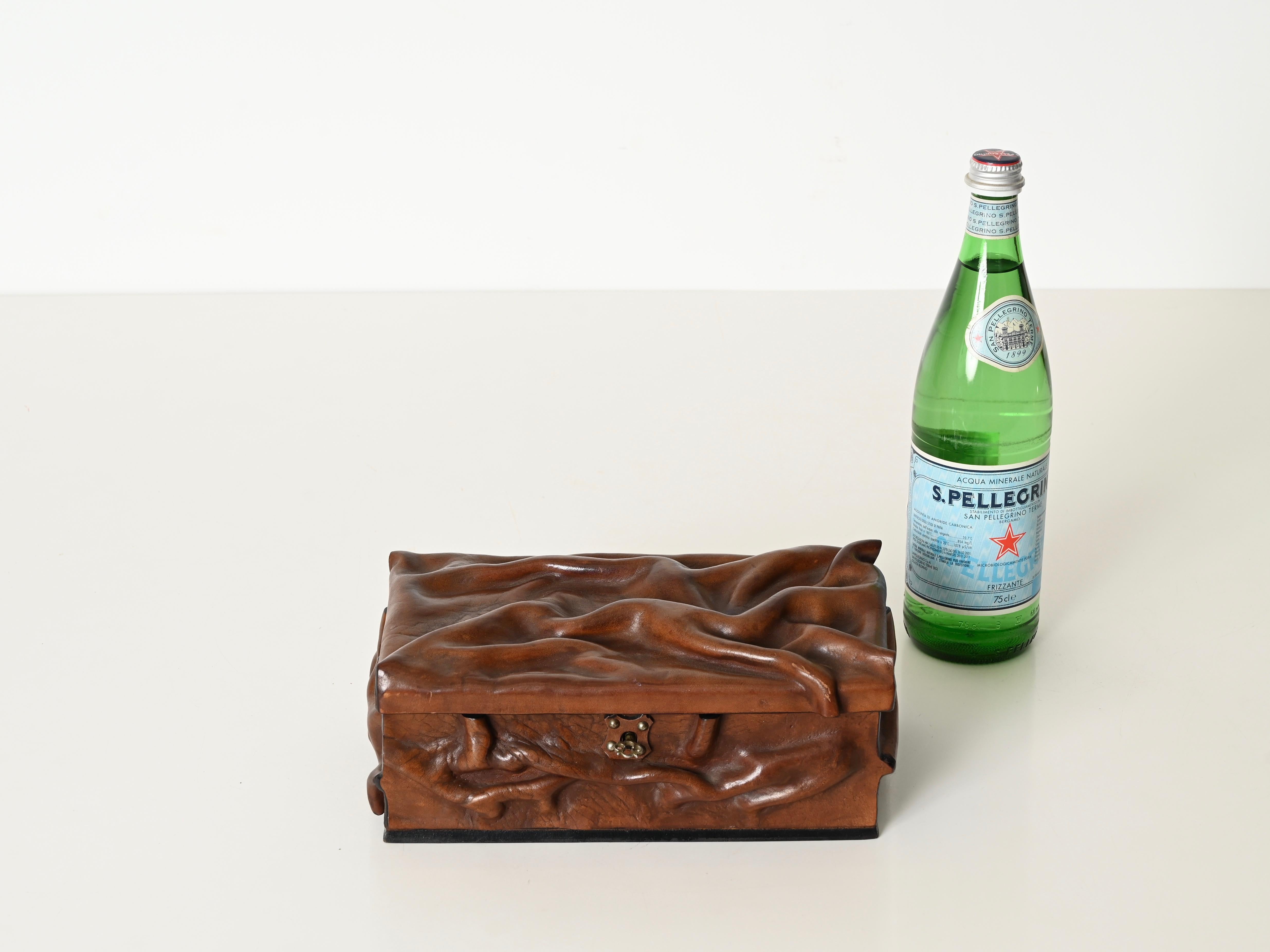 Large Decorative Box in Draped Leather and Brass, Adnet Style, Italy 1960s For Sale 11