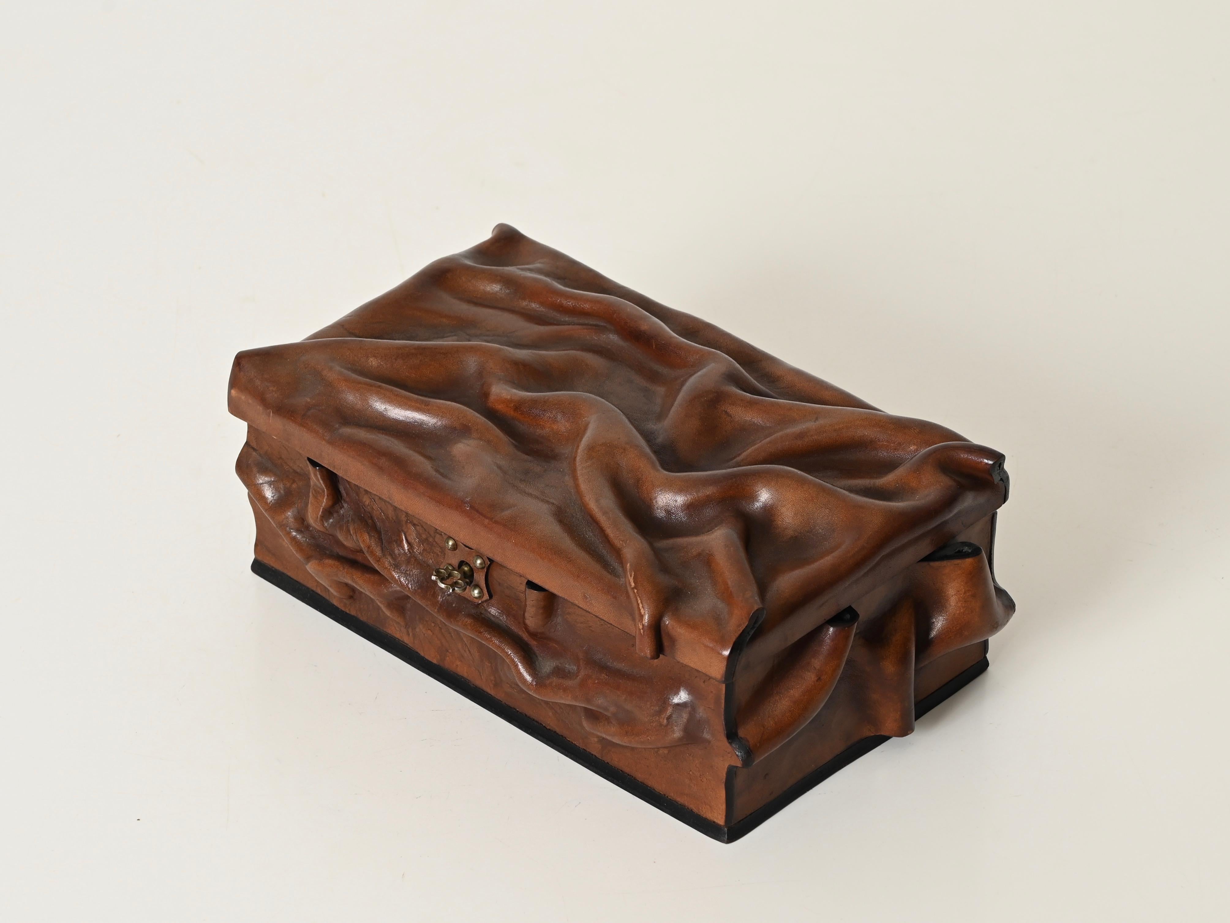 Mid-Century Modern Large Decorative Box in Draped Leather and Brass, Adnet Style, Italy 1960s For Sale