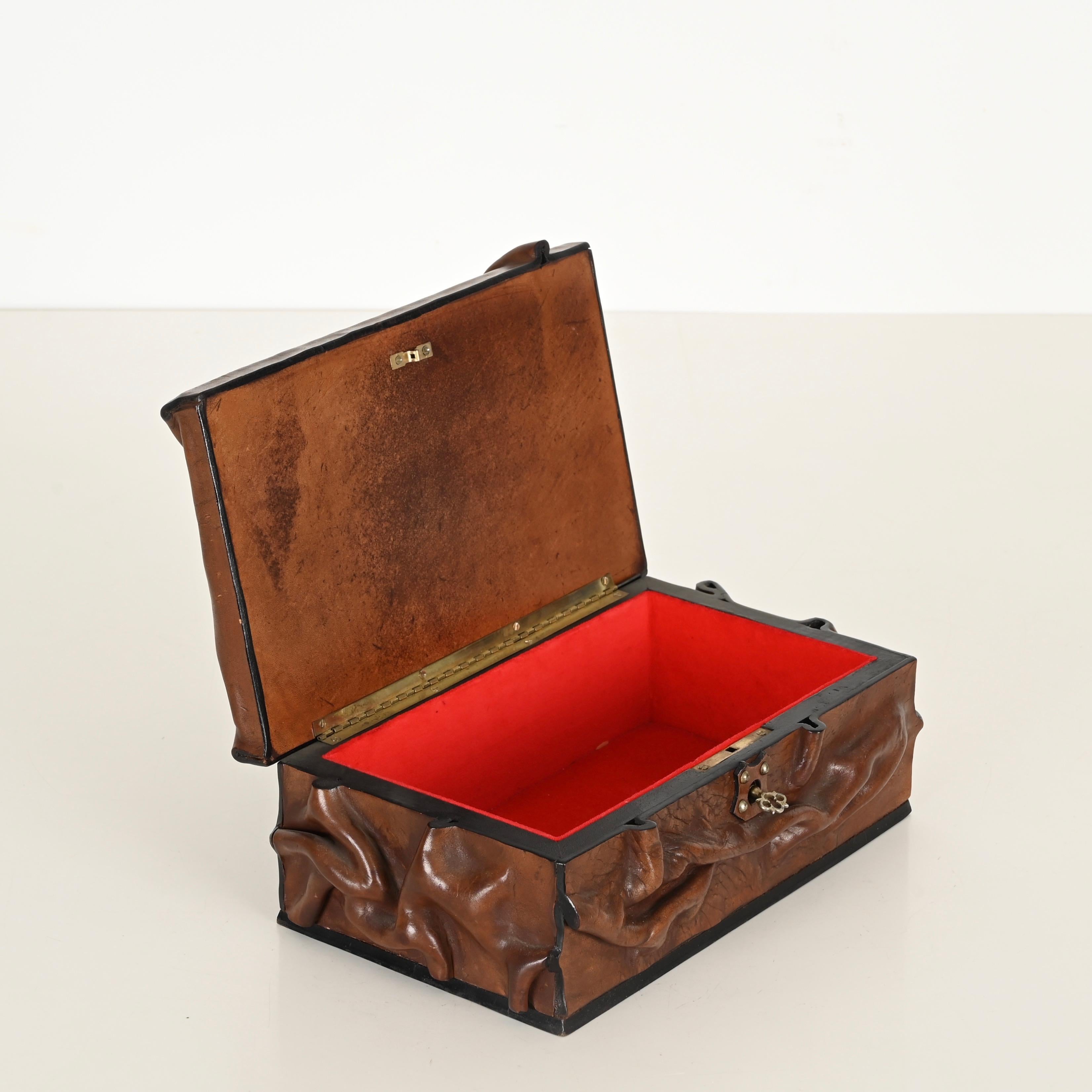 Italian Large Decorative Box in Draped Leather and Brass, Adnet Style, Italy 1960s For Sale