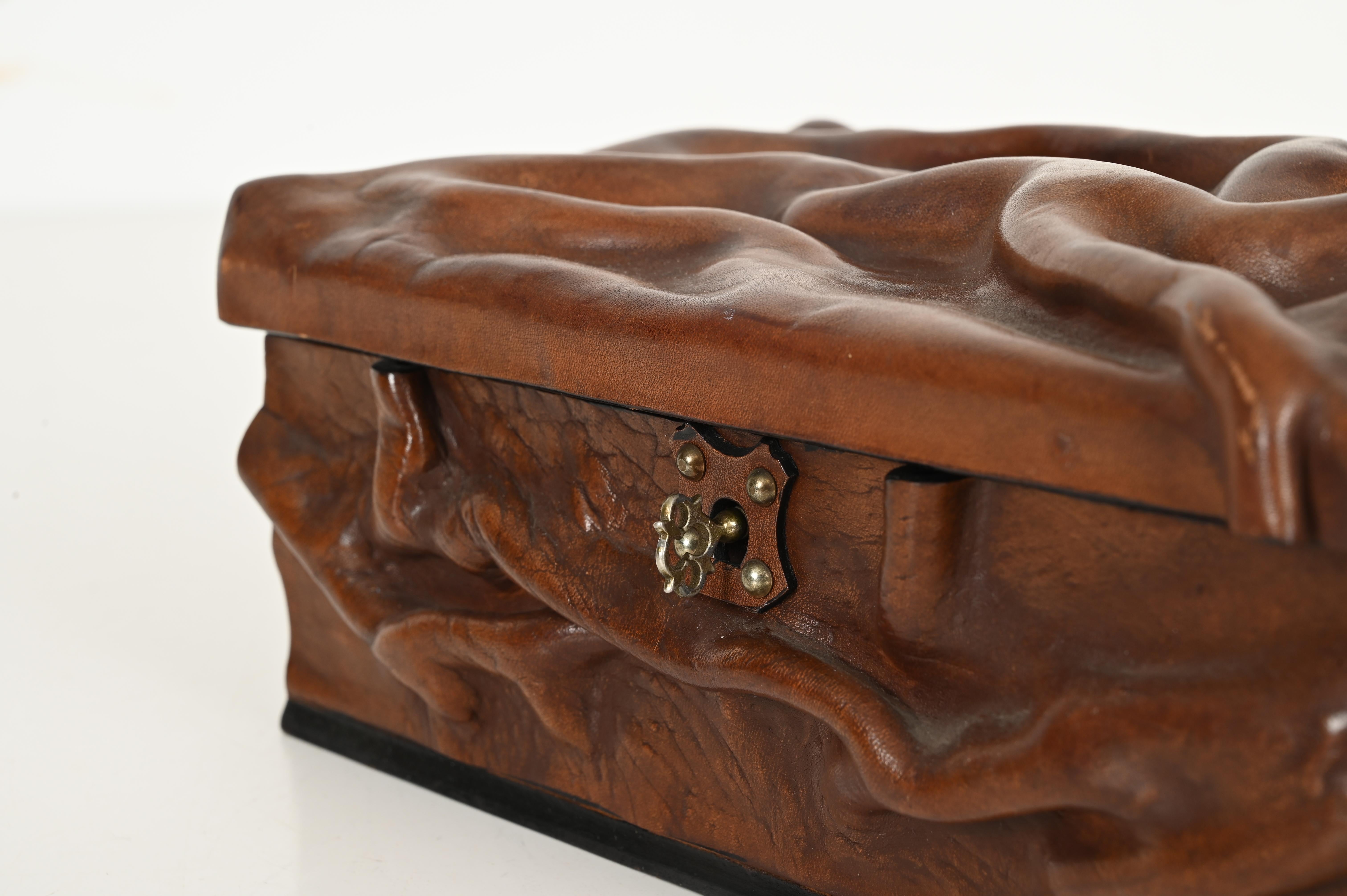 Hand-Crafted Large Decorative Box in Draped Leather and Brass, Adnet Style, Italy 1960s For Sale