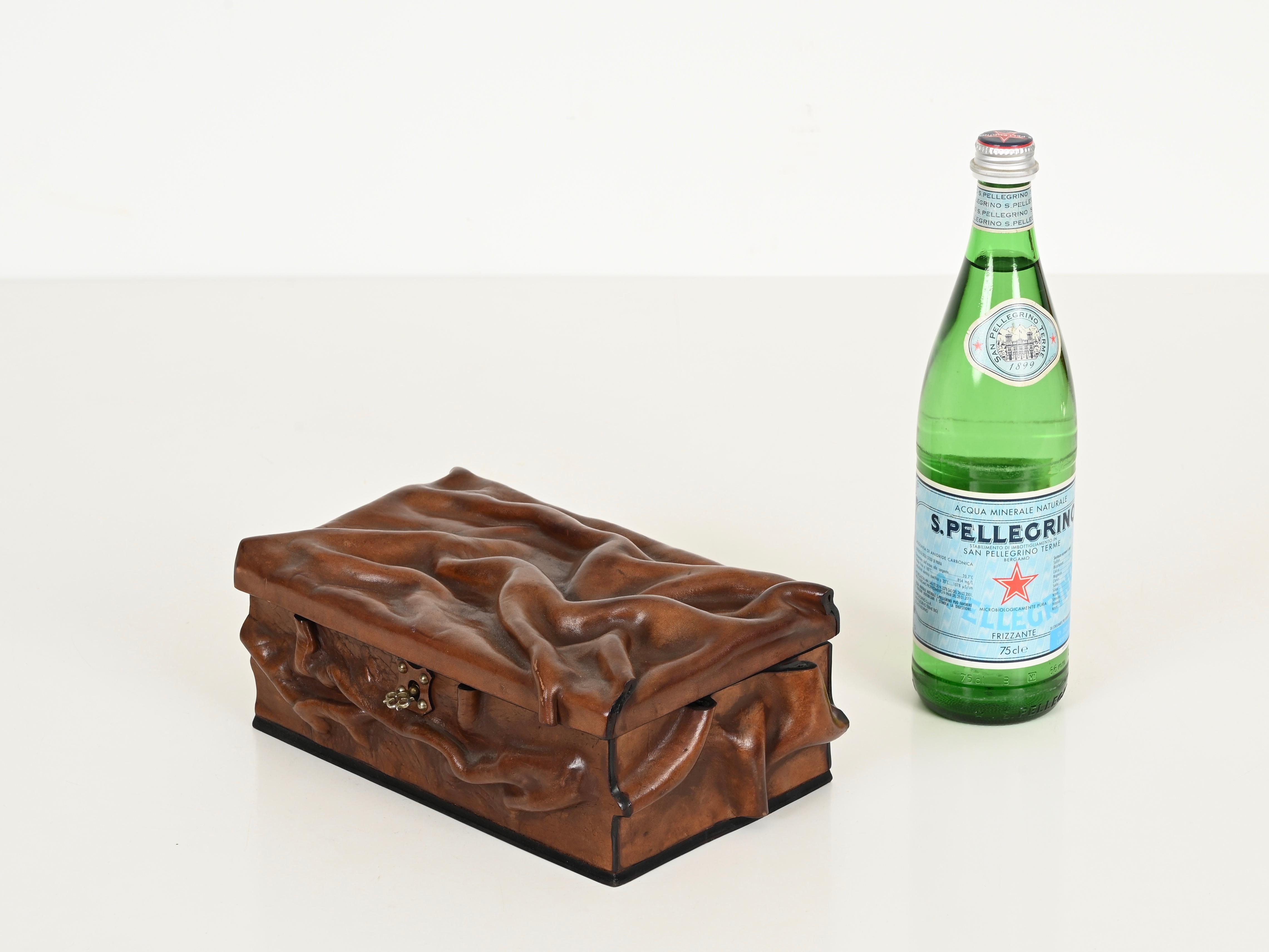 Large Decorative Box in Draped Leather and Brass, Adnet Style, Italy 1960s In Good Condition For Sale In Roma, IT