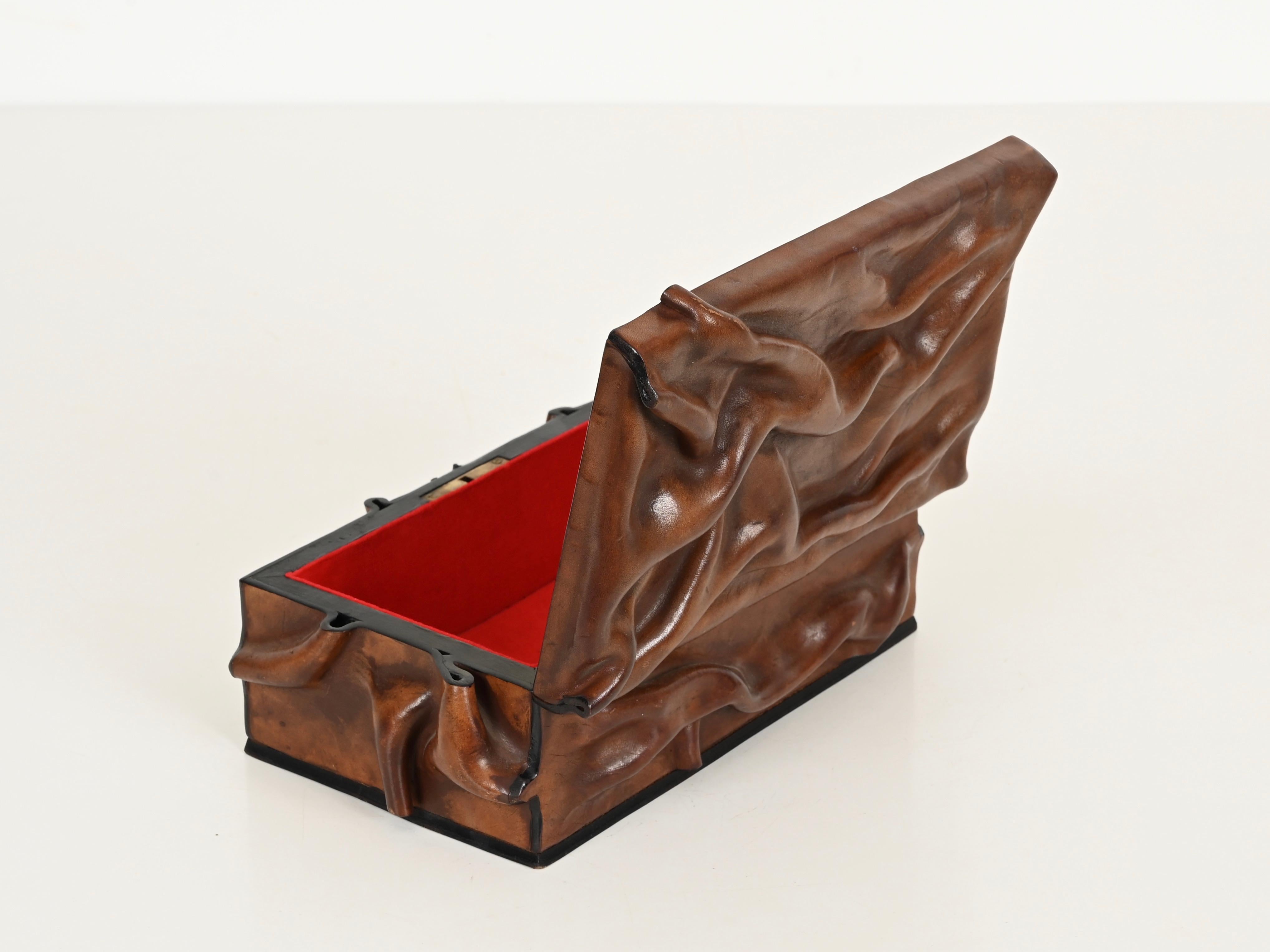 20th Century Large Decorative Box in Draped Leather and Brass, Adnet Style, Italy 1960s For Sale