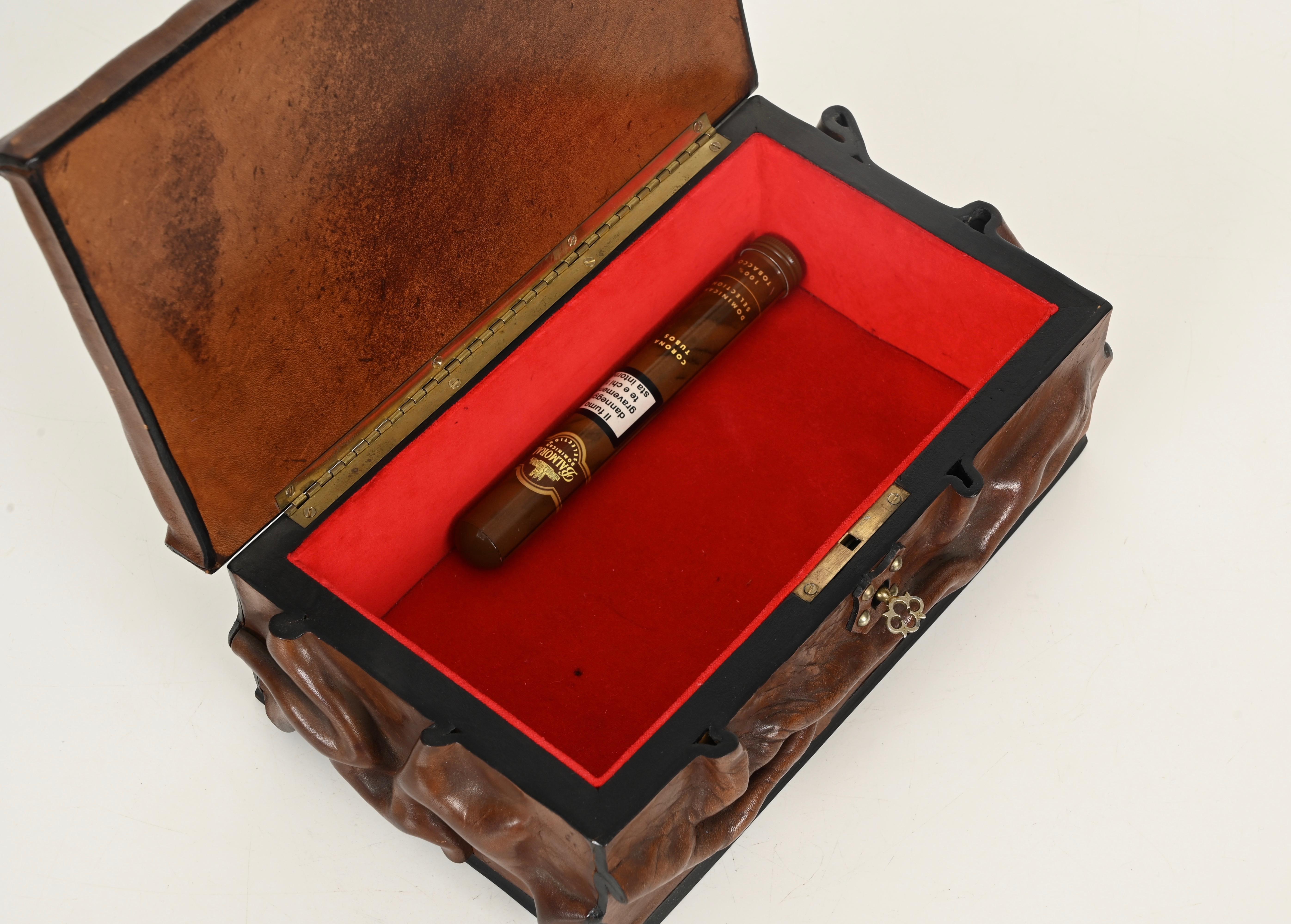 Large Decorative Box in Draped Leather and Brass, Adnet Style, Italy 1960s For Sale 1