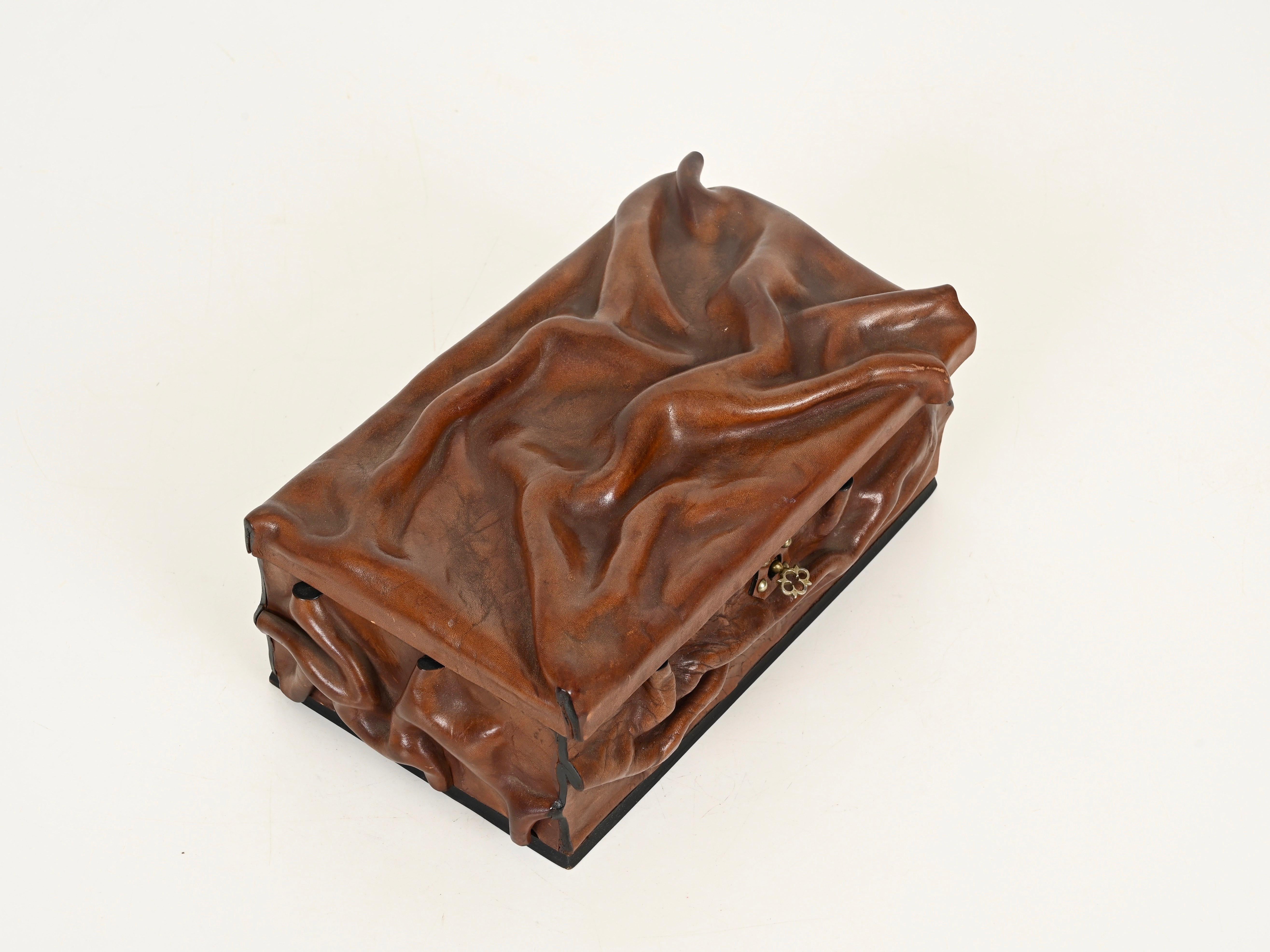 Large Decorative Box in Draped Leather and Brass, Adnet Style, Italy 1960s For Sale 2