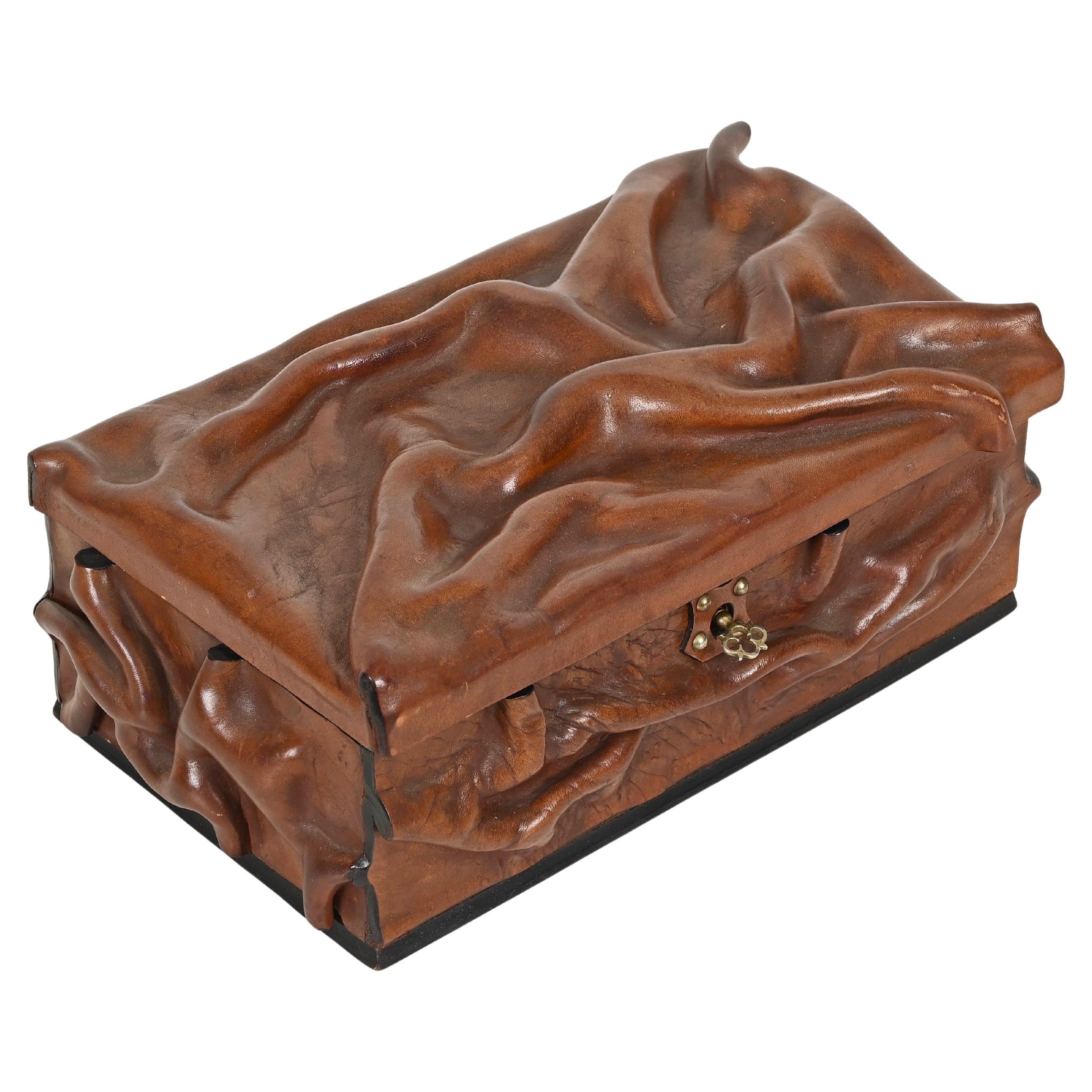 Large Decorative Box in Draped Leather and Brass, Adnet Style, Italy 1960s