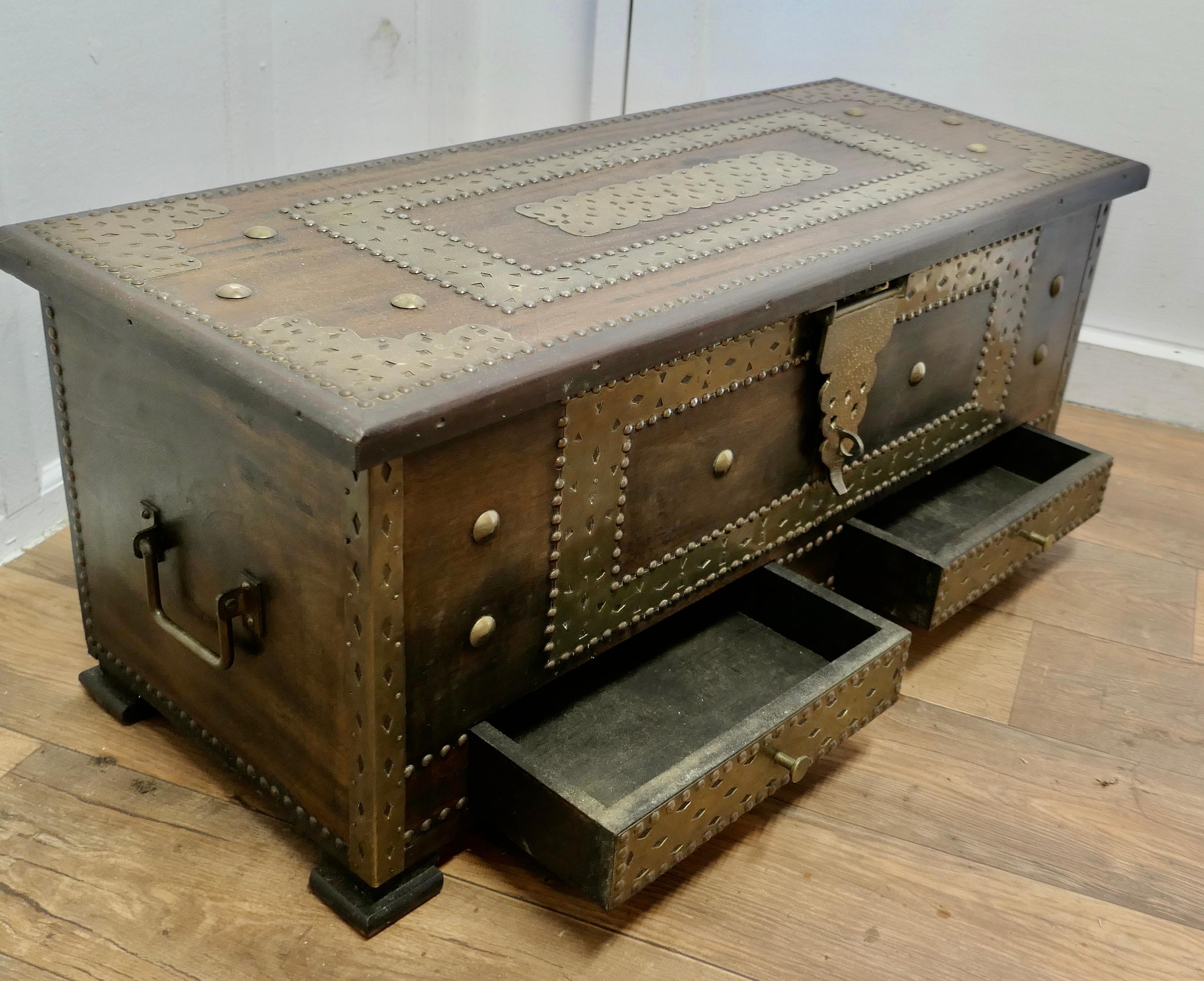 Fruitwood Large Decorative Brass Zanzibar Trunk with Drawers    For Sale