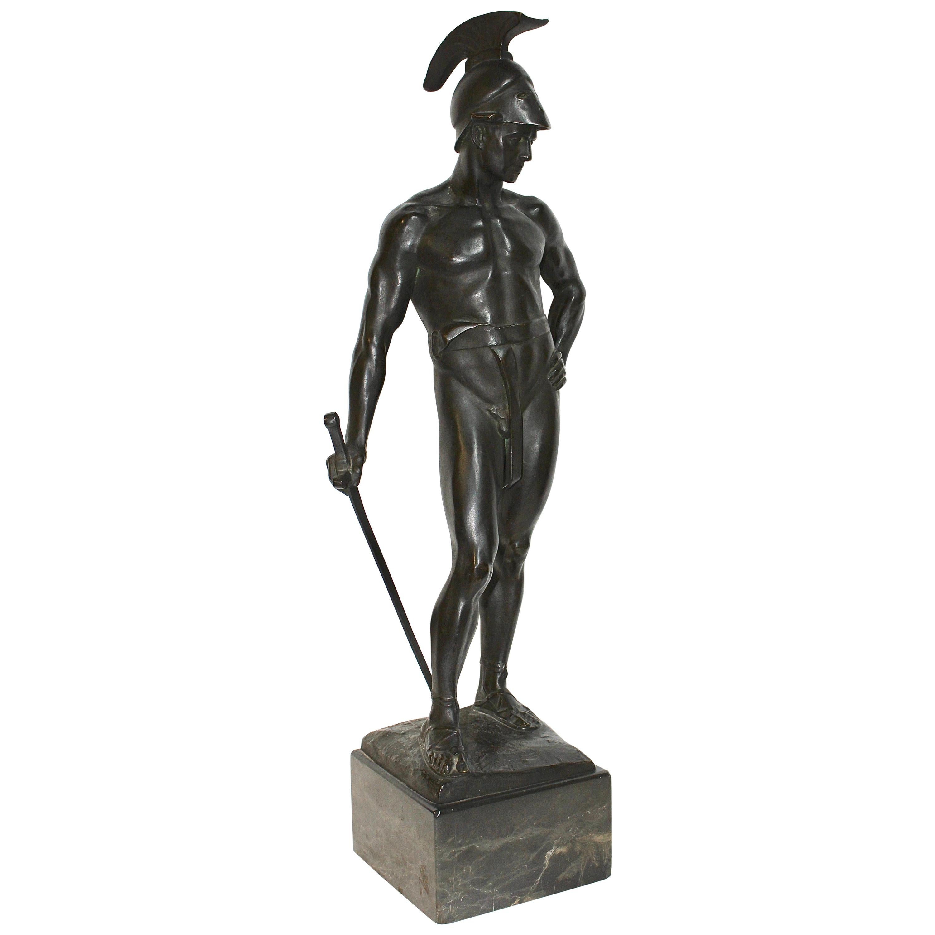 Large, Decorative Bronze Sculpture of a Spartan Warrior with Sword, Greco Roman