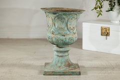 Large Decorative Bronze Urn with Verdigris Patina and Classical Relief Motifs