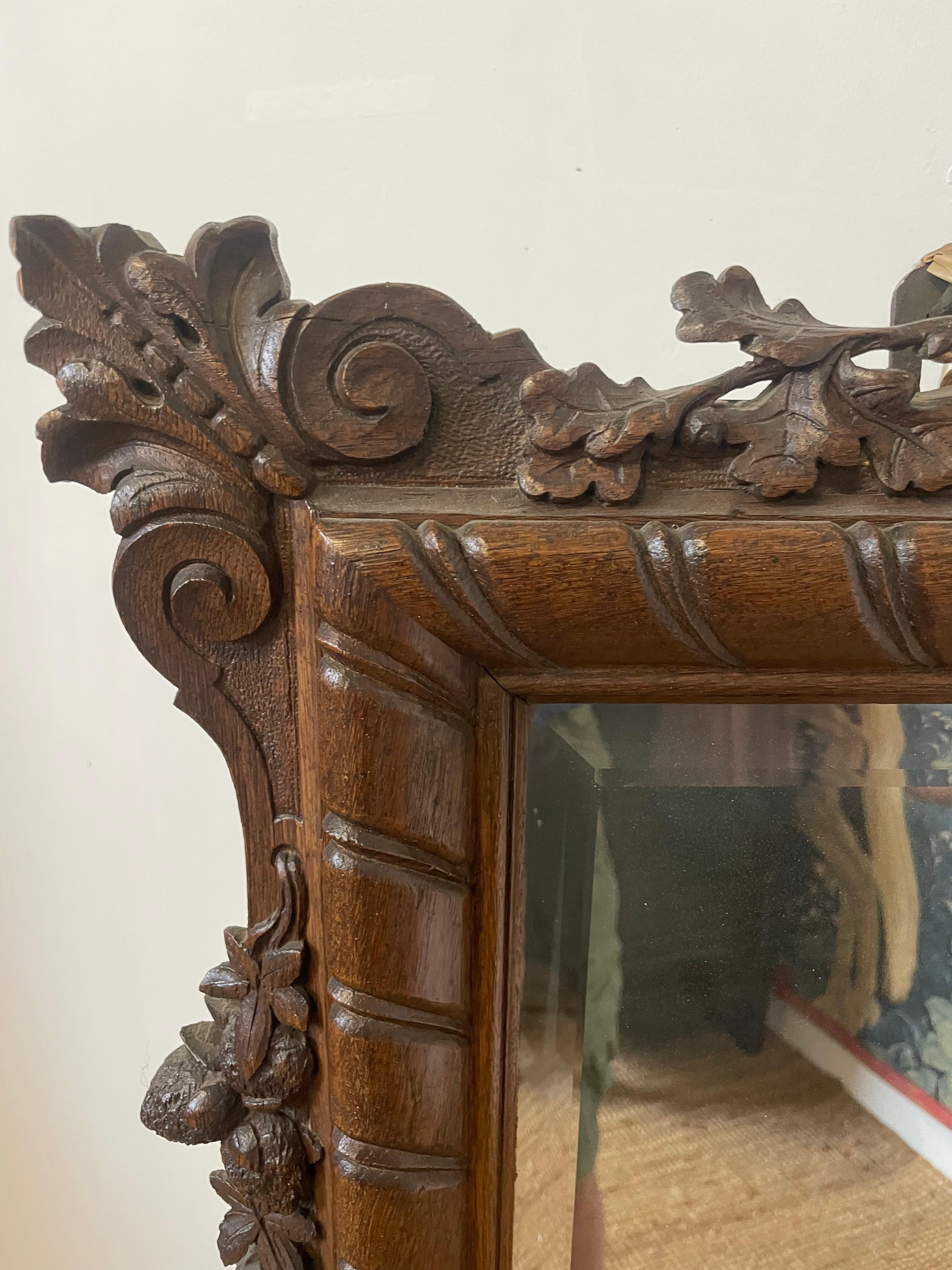 Oak Large decorative carved oak mirror For Sale