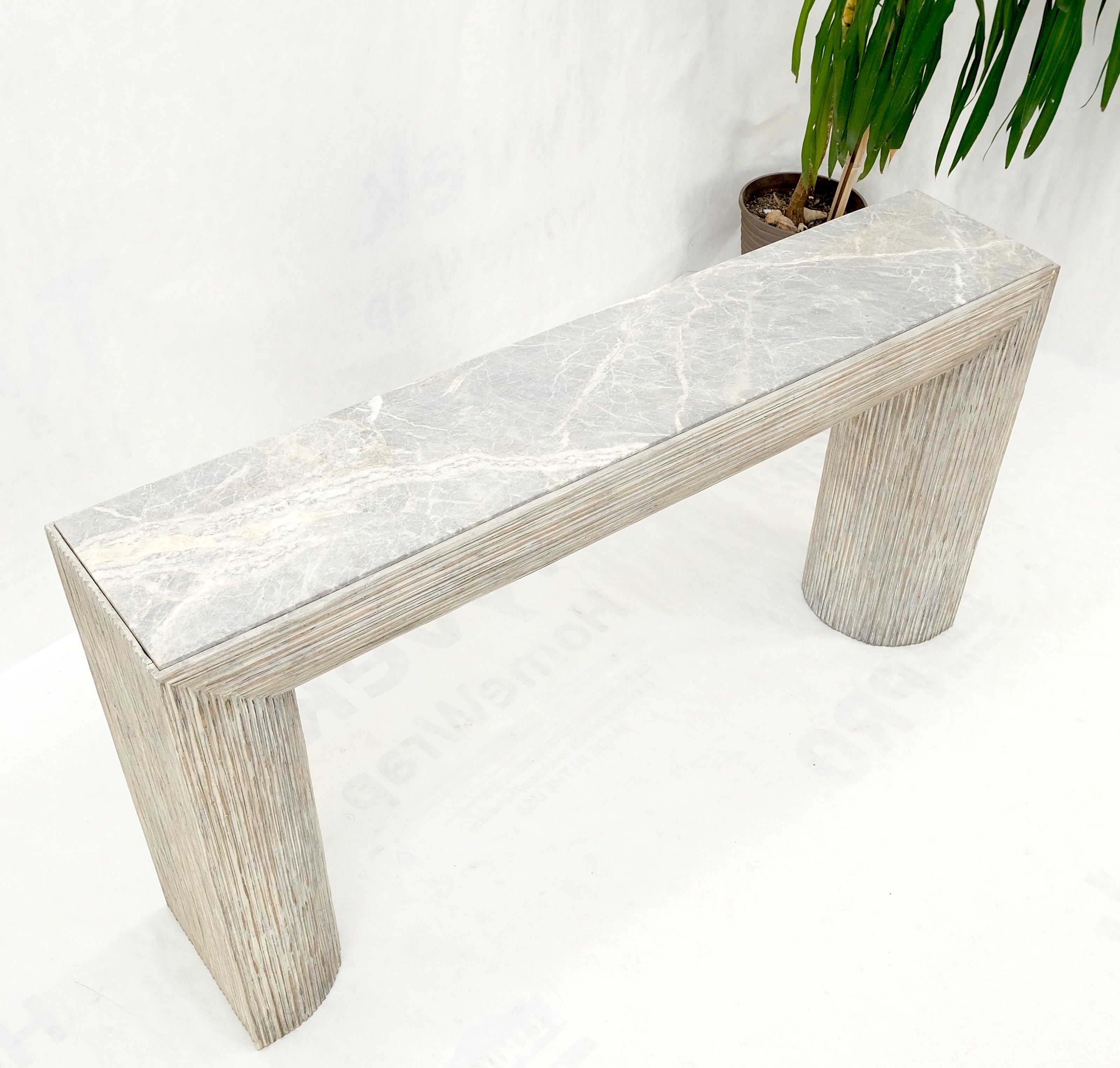 Large Studio Made Decorative Carved White washed wood marble top console sofa table MINT!.