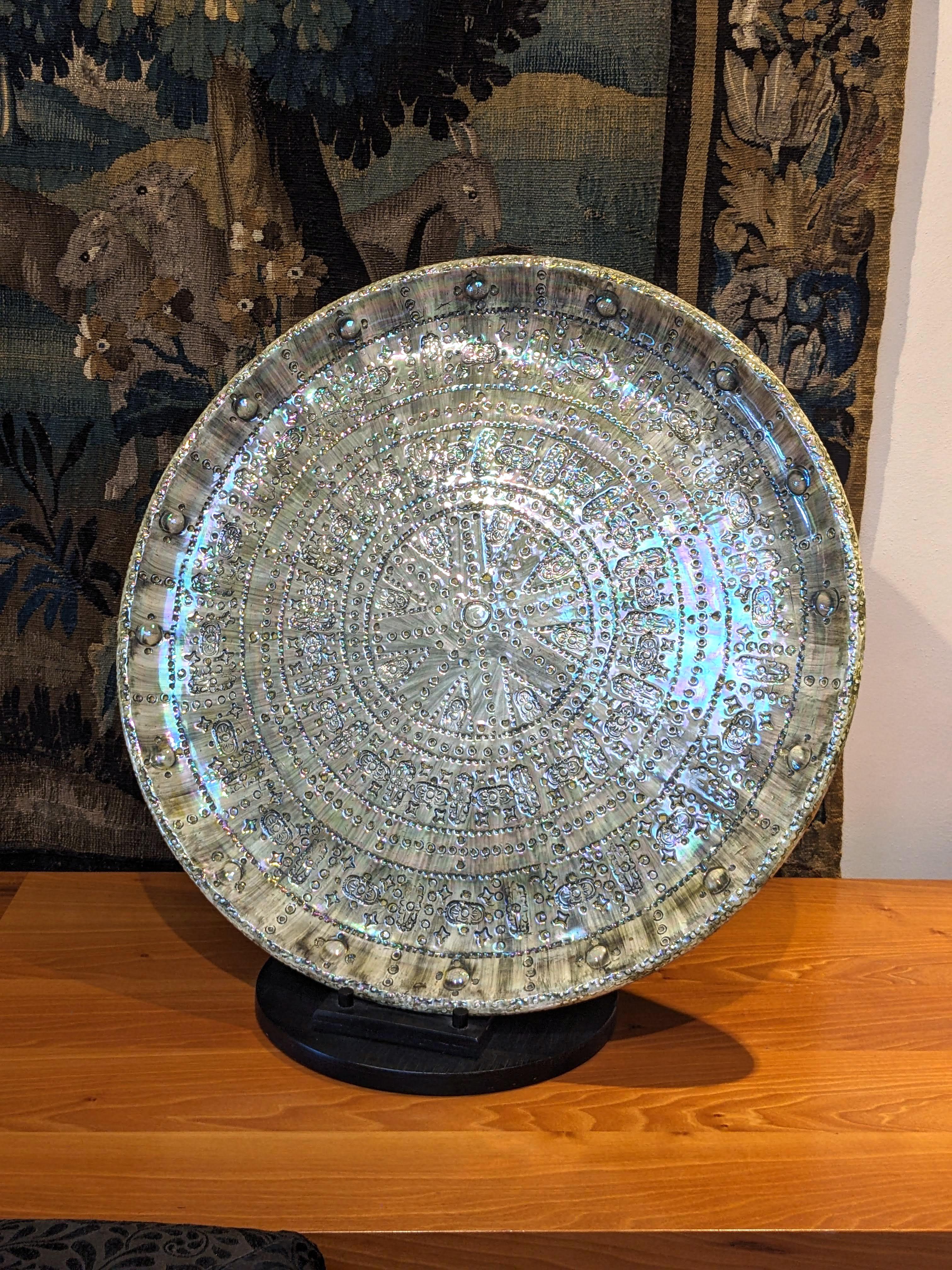 Large Decorative Ceramic Plate Gray Green Mother Pearl Platter Dish Hand Made For Sale 9