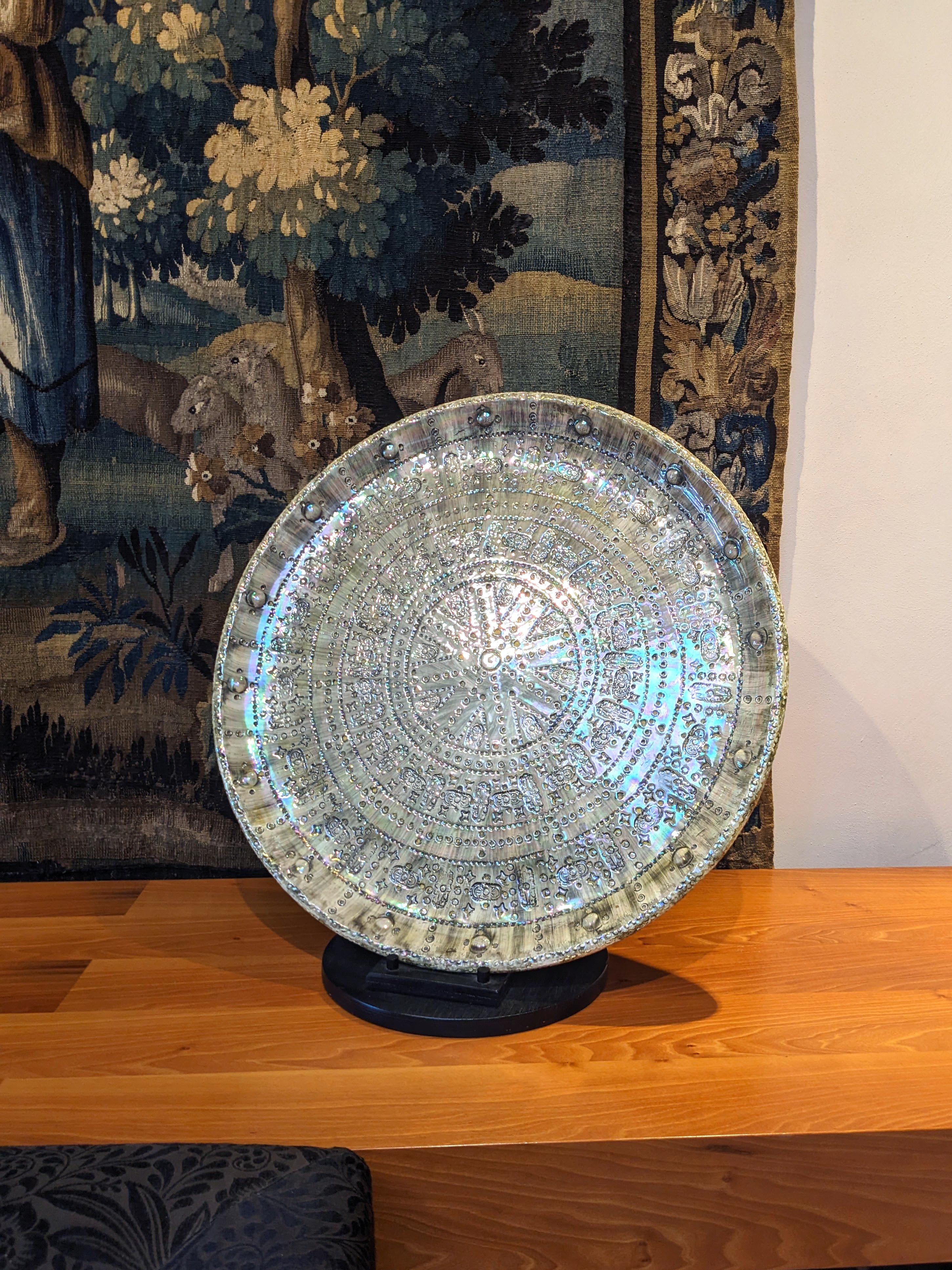 Large Decorative Ceramic Plate Gray Green Mother Pearl Platter Dish Hand Made In New Condition For Sale In Recanati, IT
