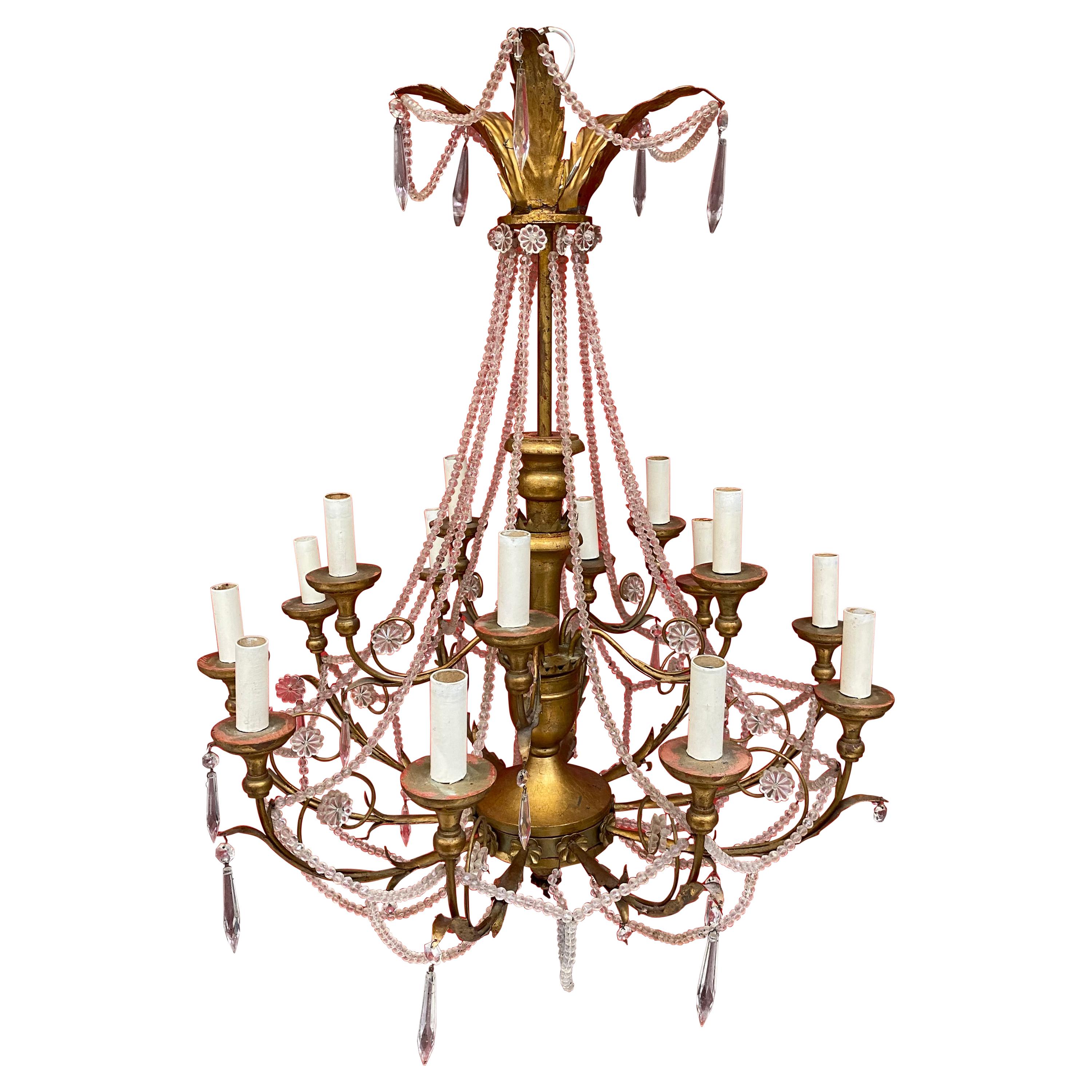 Large Decorative Chandelier in Wood and Gilded Iron, circa 1950 For Sale