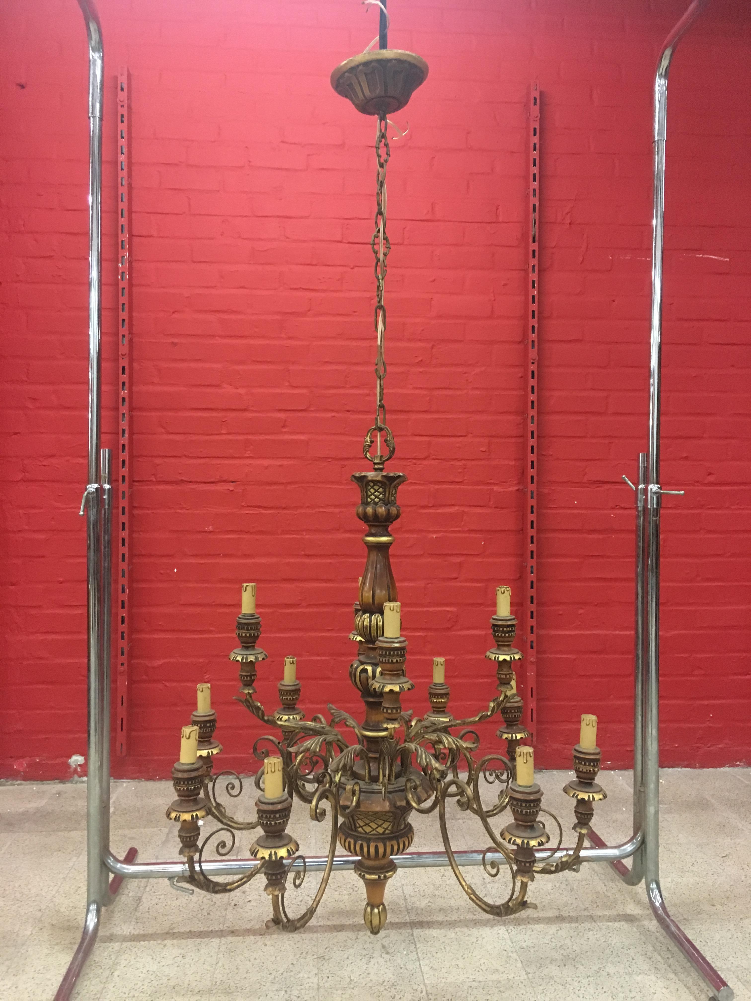 Neoclassical Large Decorative Chandelier in Wood and Gilded Iron, circa 1950 For Sale