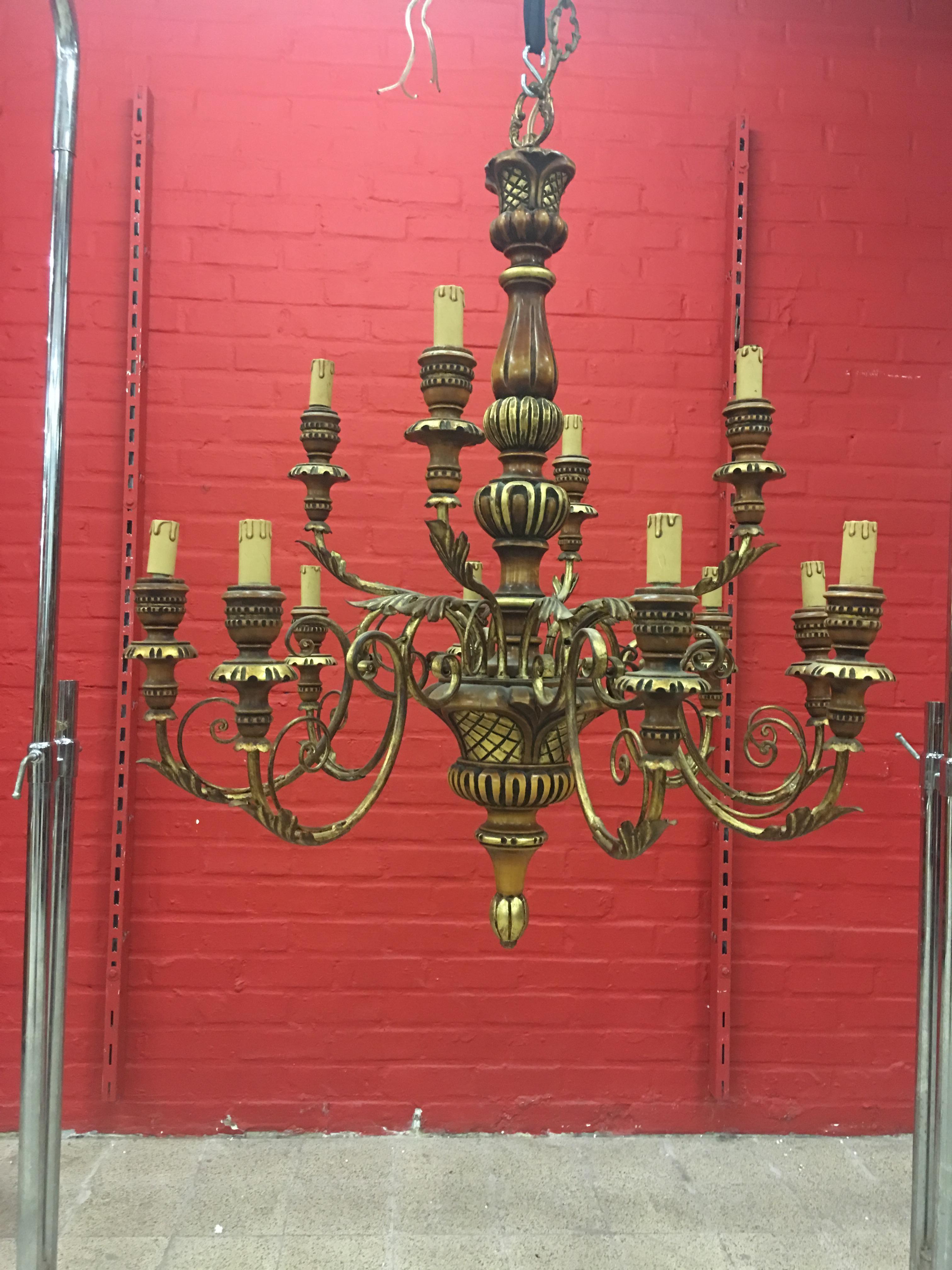 European Large Decorative Chandelier in Wood and Gilded Iron, circa 1950 For Sale
