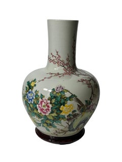 Large Decorative Chinese Painted Vase with Floral and Bird Motif