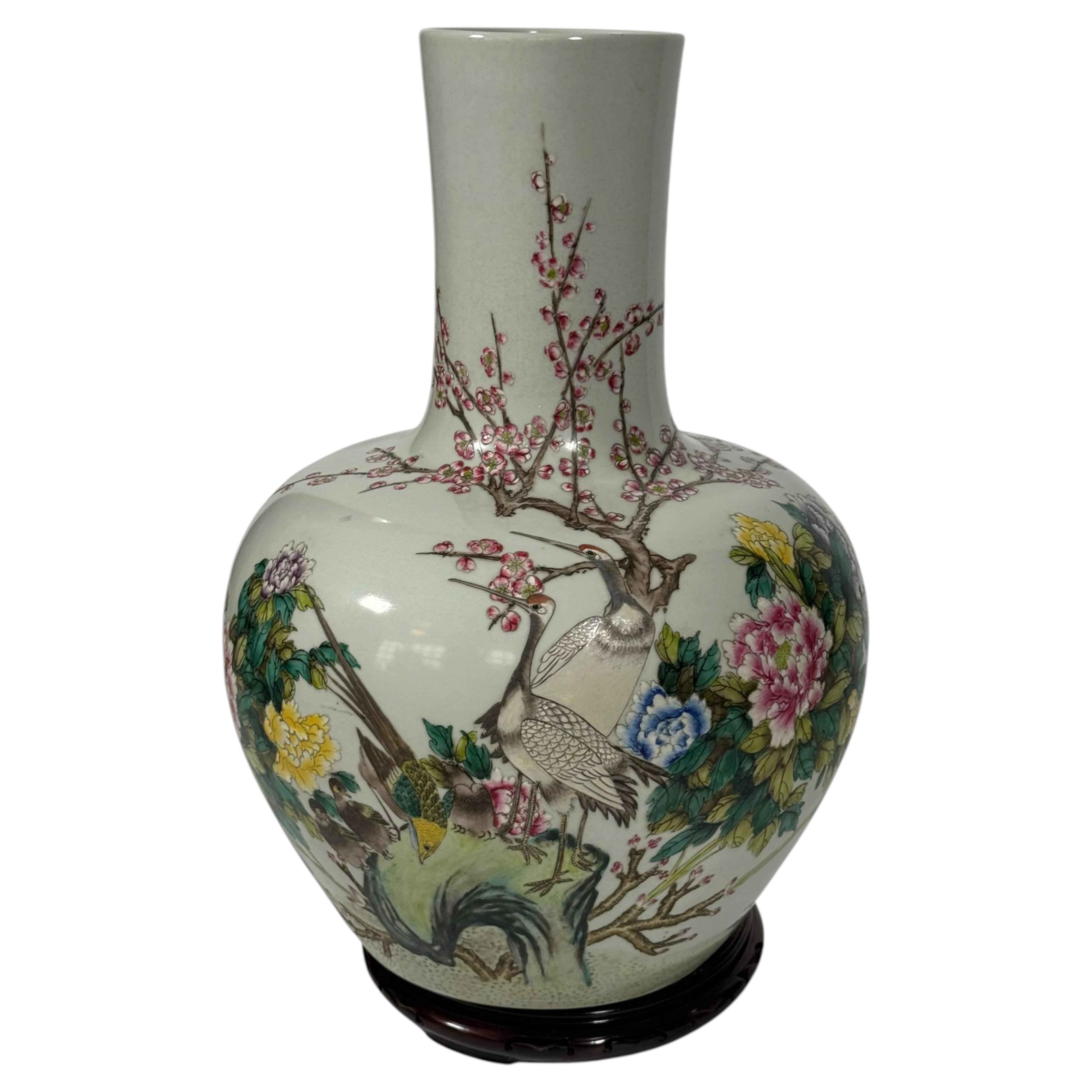 Large Decorative Chinese Painted Vase with Floral and Bird Motif