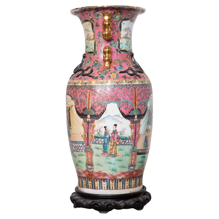 Large Decorative Chinese Polychrome Famille Rose Vase 20cth For Sale at