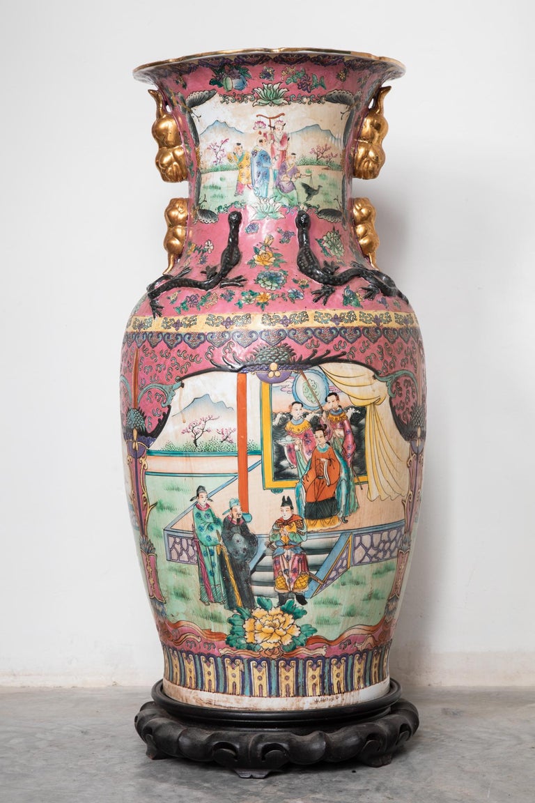 Large Decorative Chinese Polychrome Famille Rose Vase 20cth For Sale at