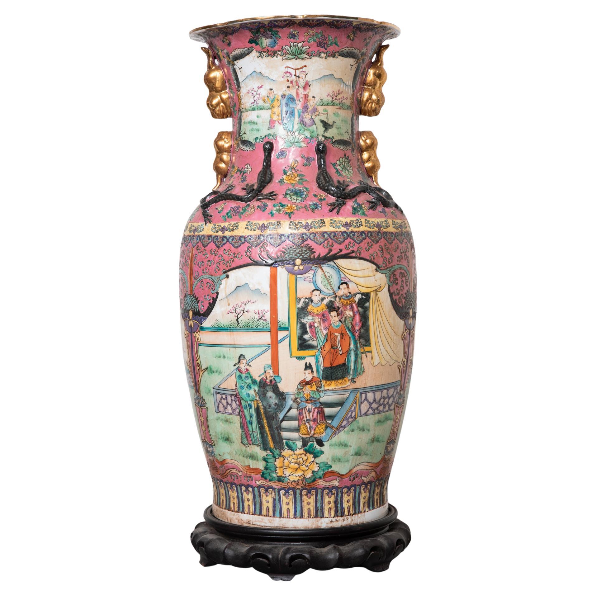 Large Decorative Chinese Polychrome Famille Rose Vase 20cth For Sale at